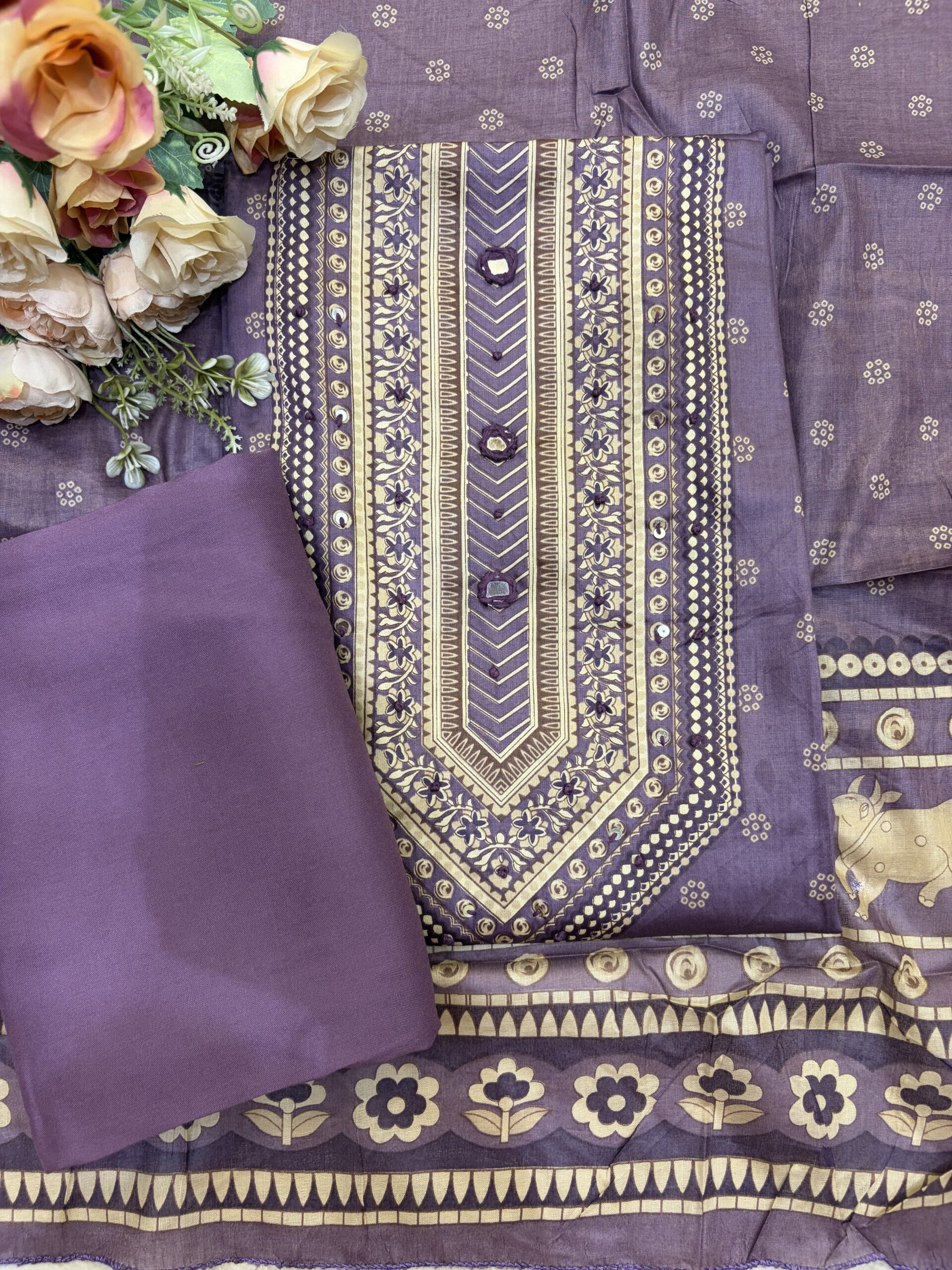 Royal Mauve Pichwai Motif Slub Silk Unstitched Suit Set - Image 3