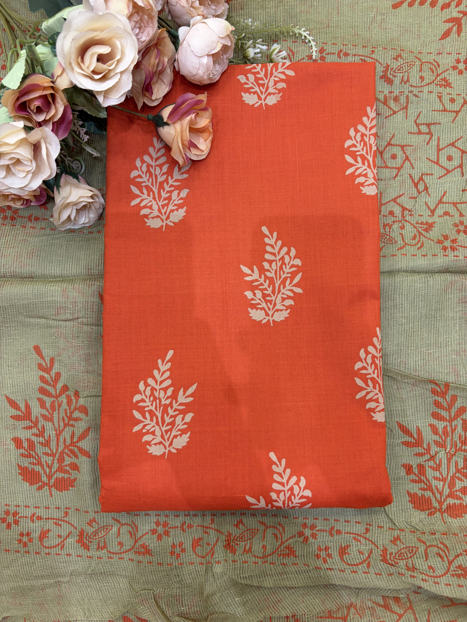 Orange Cotton Block Print Suit Set with kota doria dupatta - Image 4