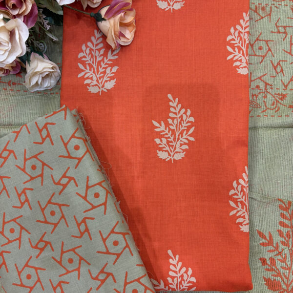 Orange Cotton Block Print Suit Set with kota doria dupatta