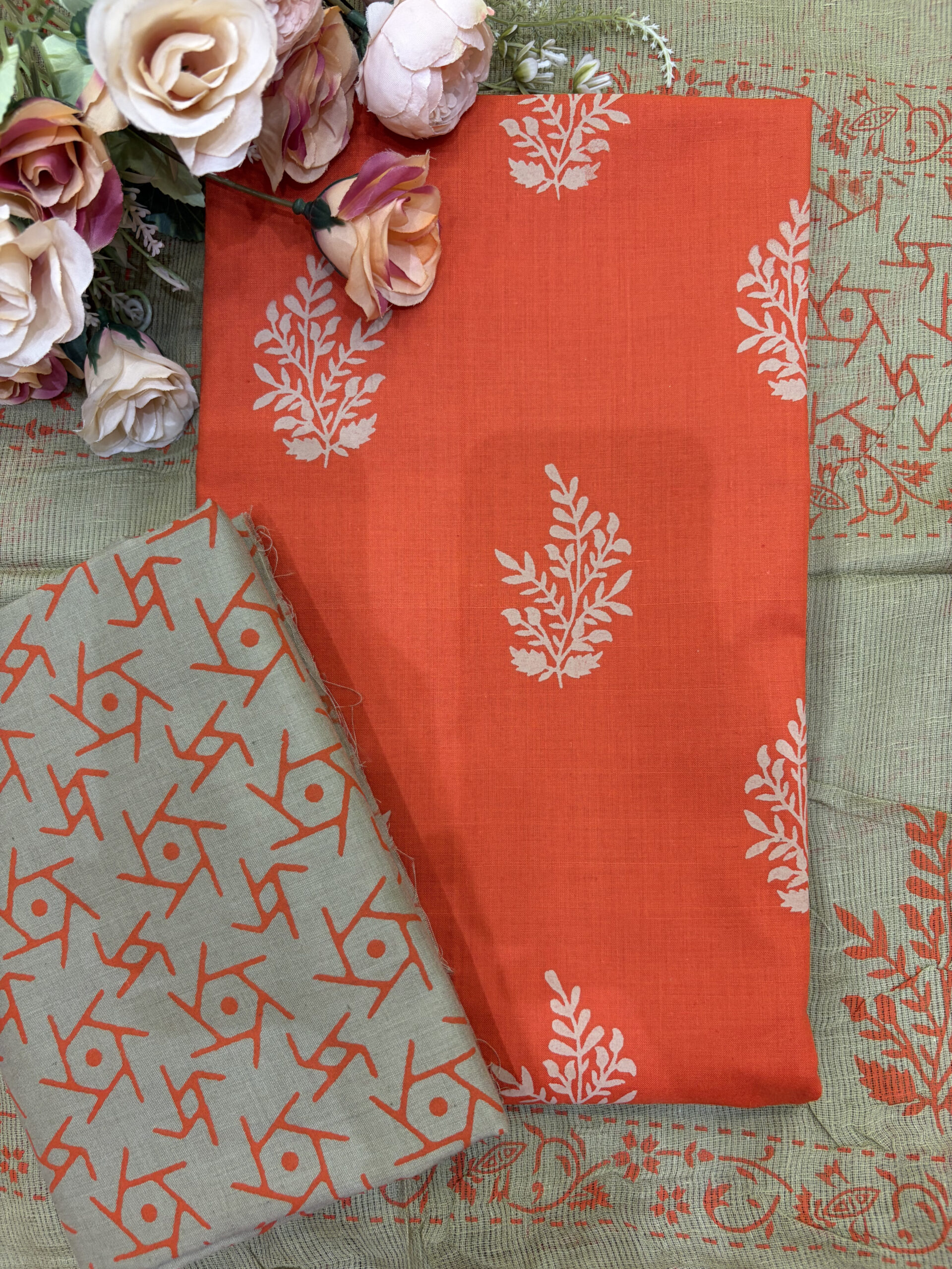 Orange Cotton Block Print Suit Set with kota doria dupatta