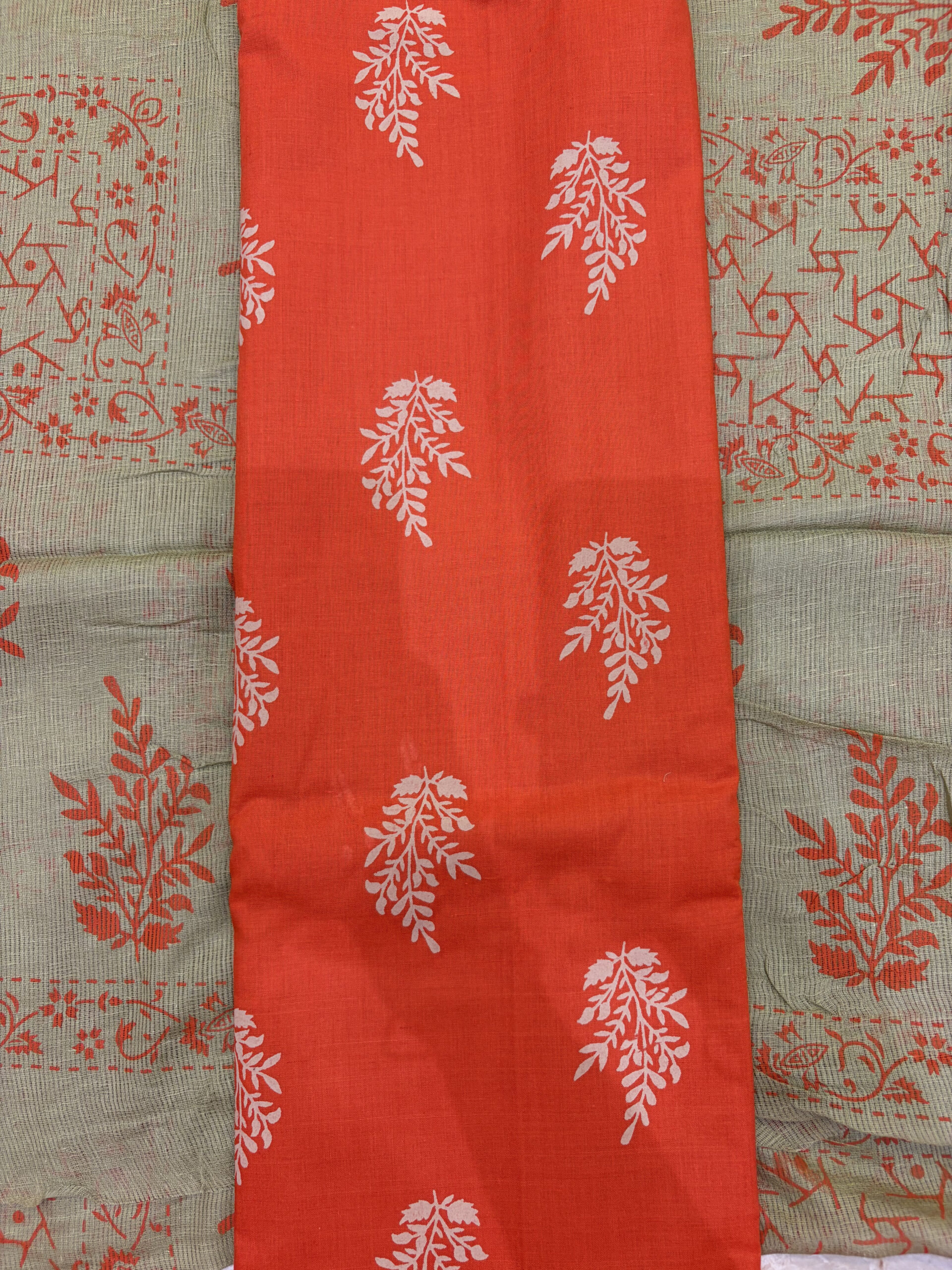 Orange Cotton Block Print Suit Set with kota doria dupatta - Image 2
