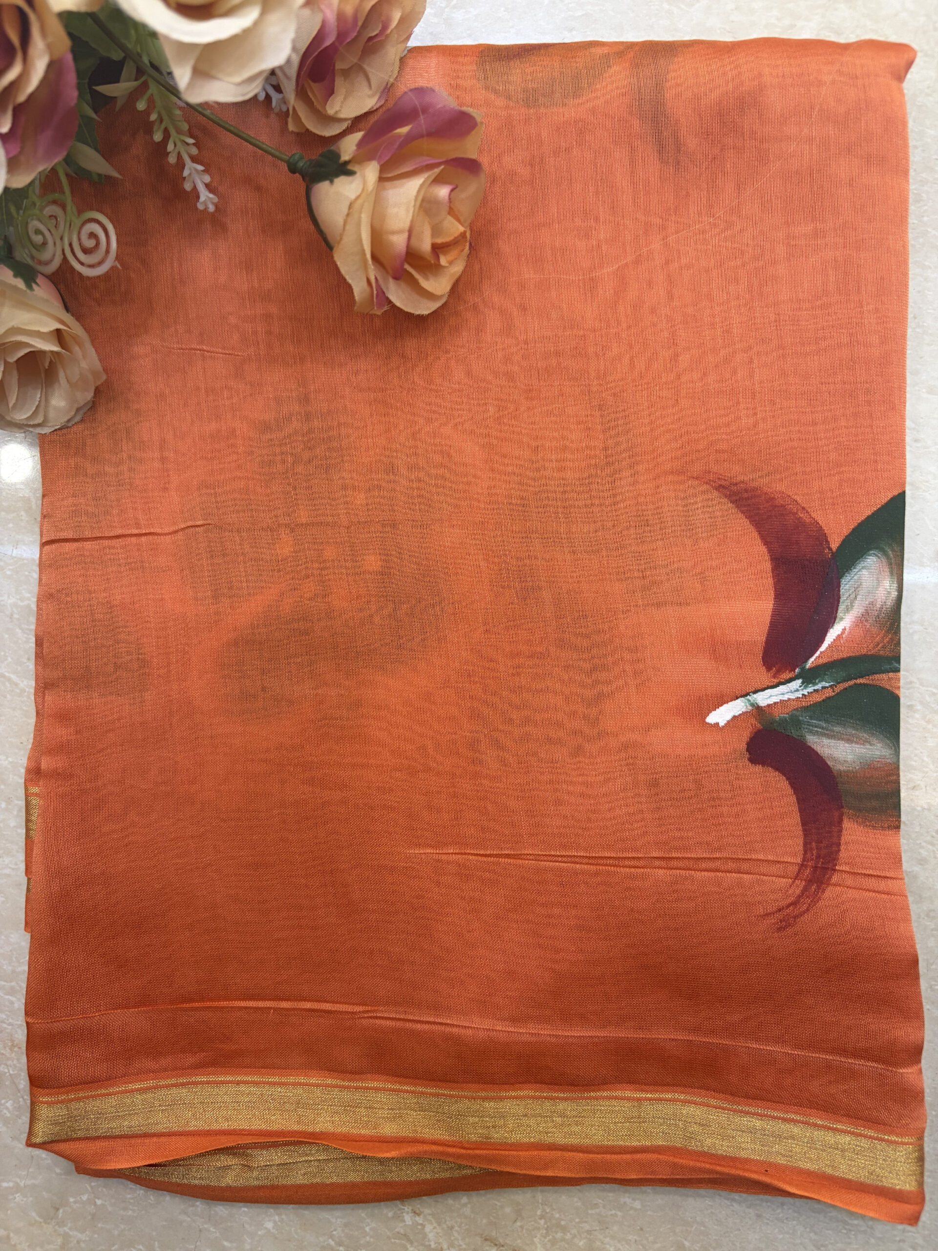 Orange Floral Handbrush Chanderi Silk Suit Set - Image 3