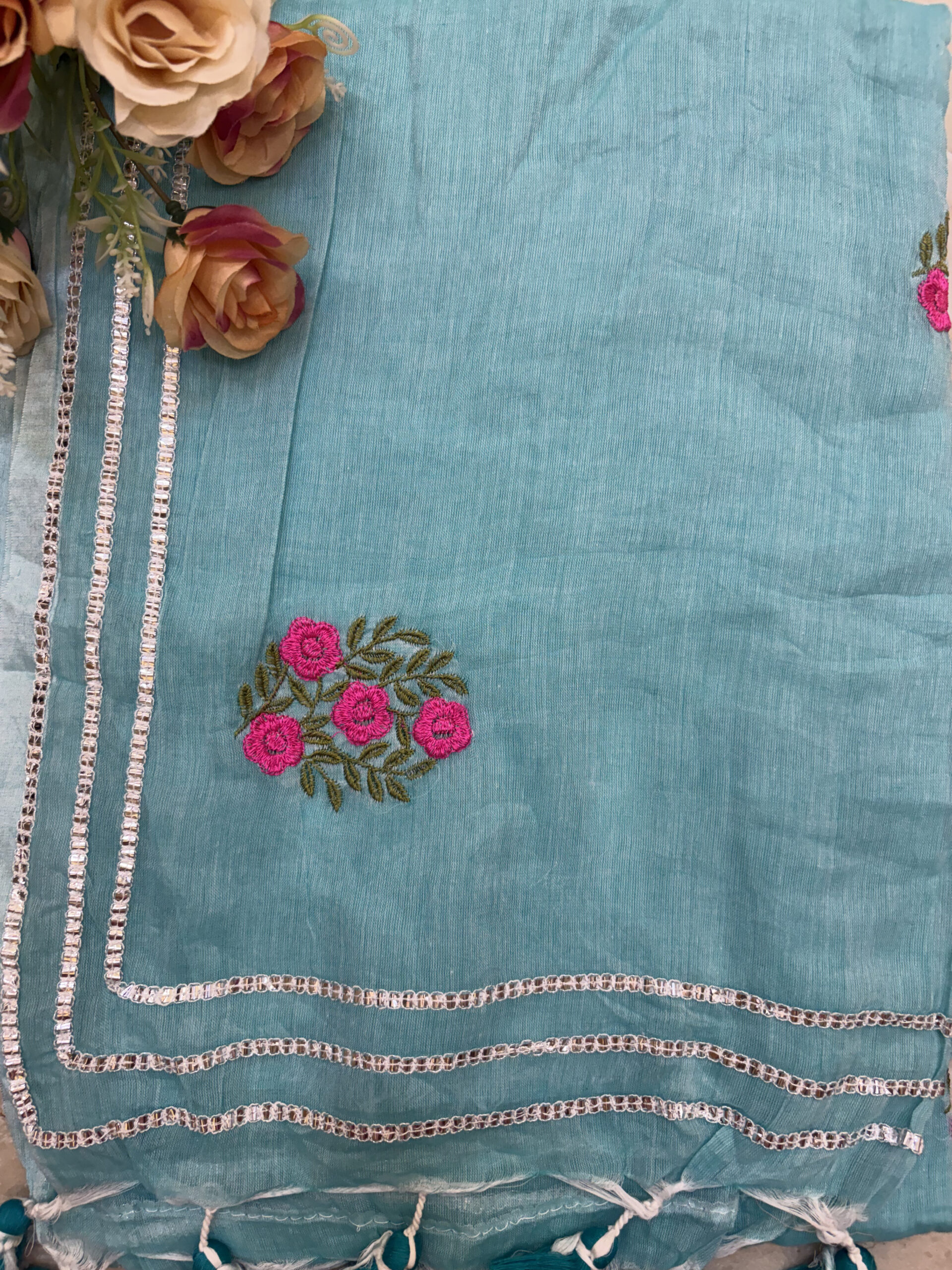 Aqua Mul Cotton Saree with Handcrafted Floral Bootas - Image 2