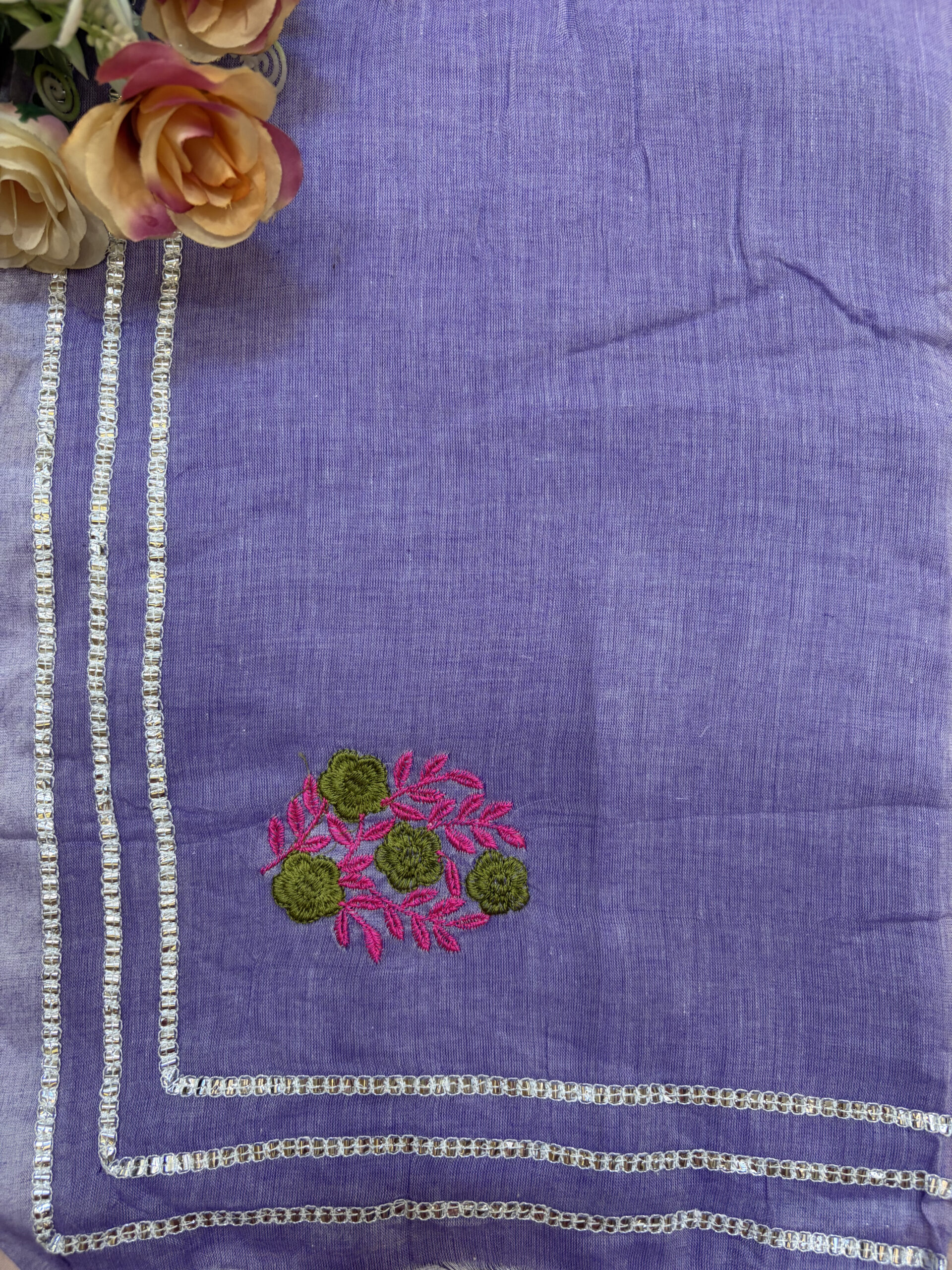 Lavender Mul Cotton Saree with Handcrafted Floral Bootas