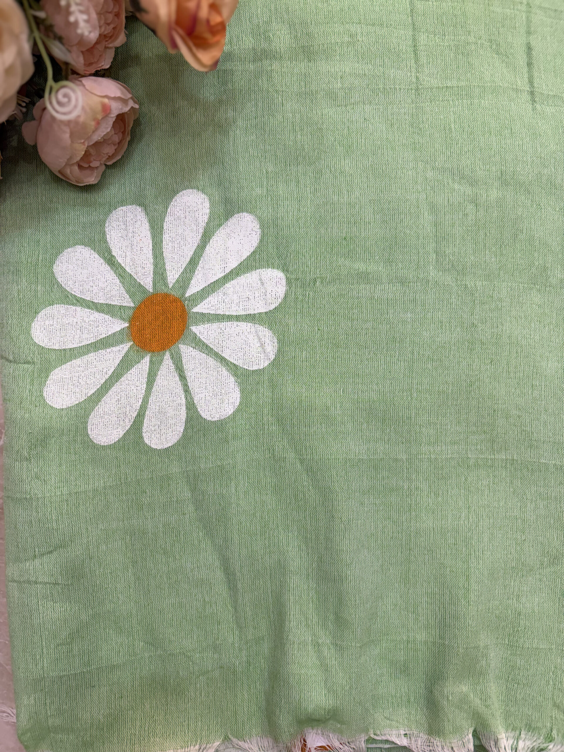 Pastel Mint Green Khadi Cotton Saree with Daisy Block Prints