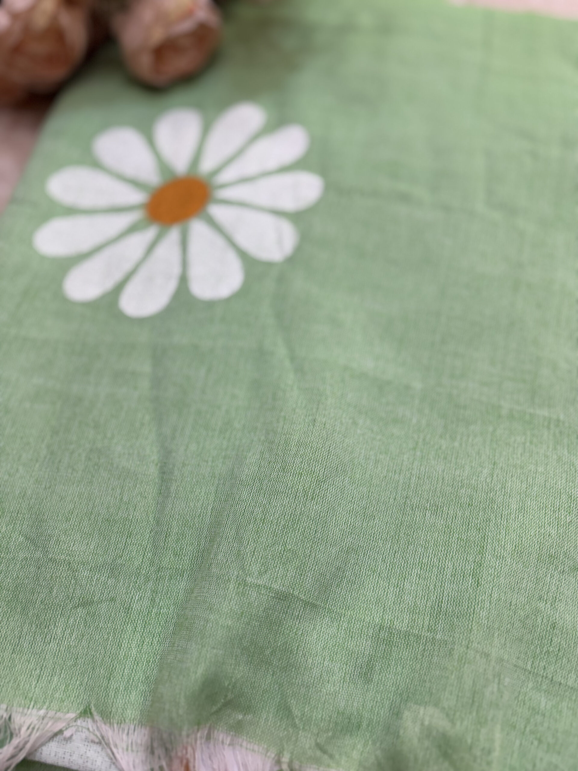Pastel Mint Green Khadi Cotton Saree with Daisy Block Prints - Image 3
