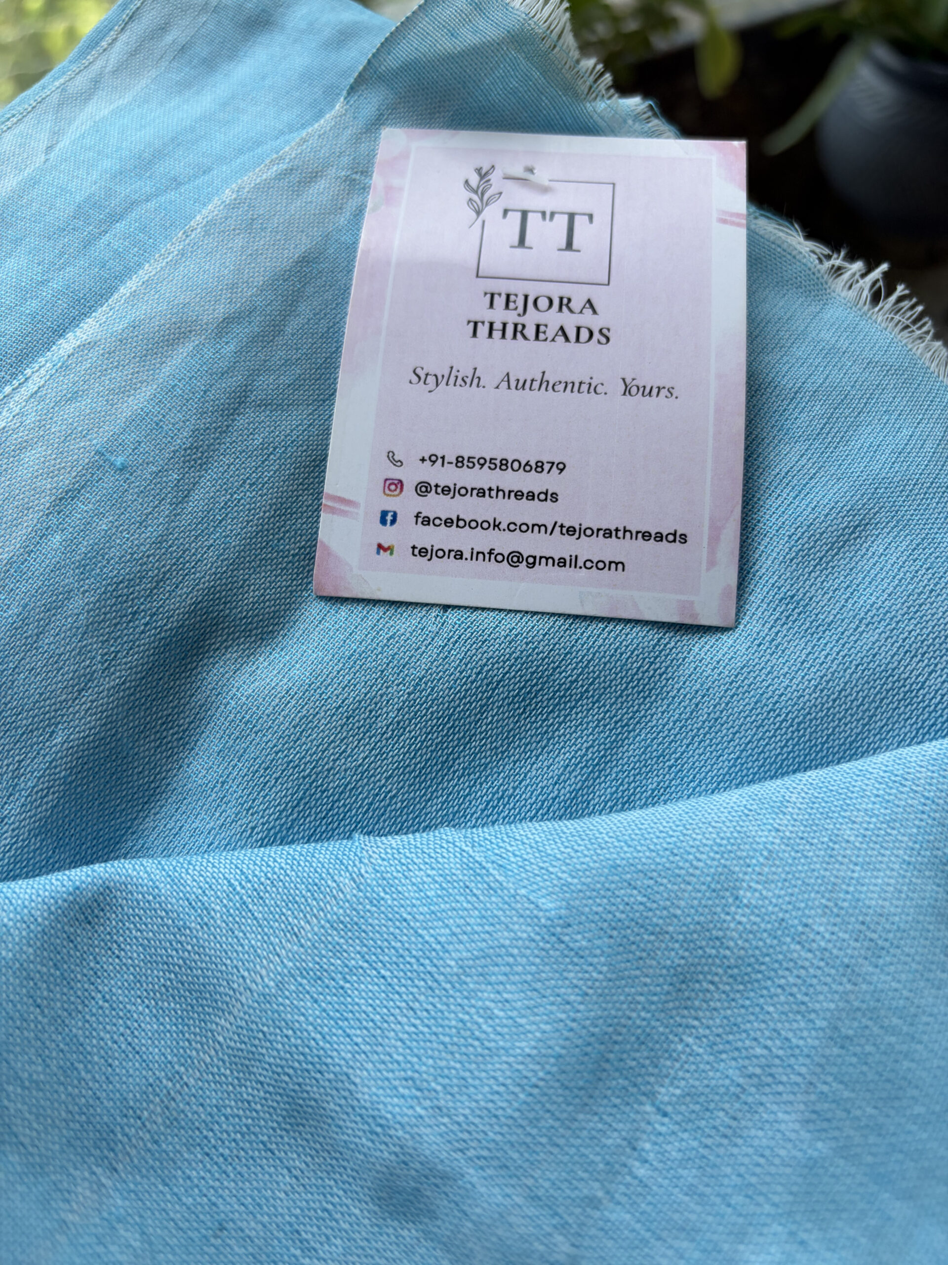 Sky Blue Khadi Cotton Saree with Daisy Block Prints - Image 4