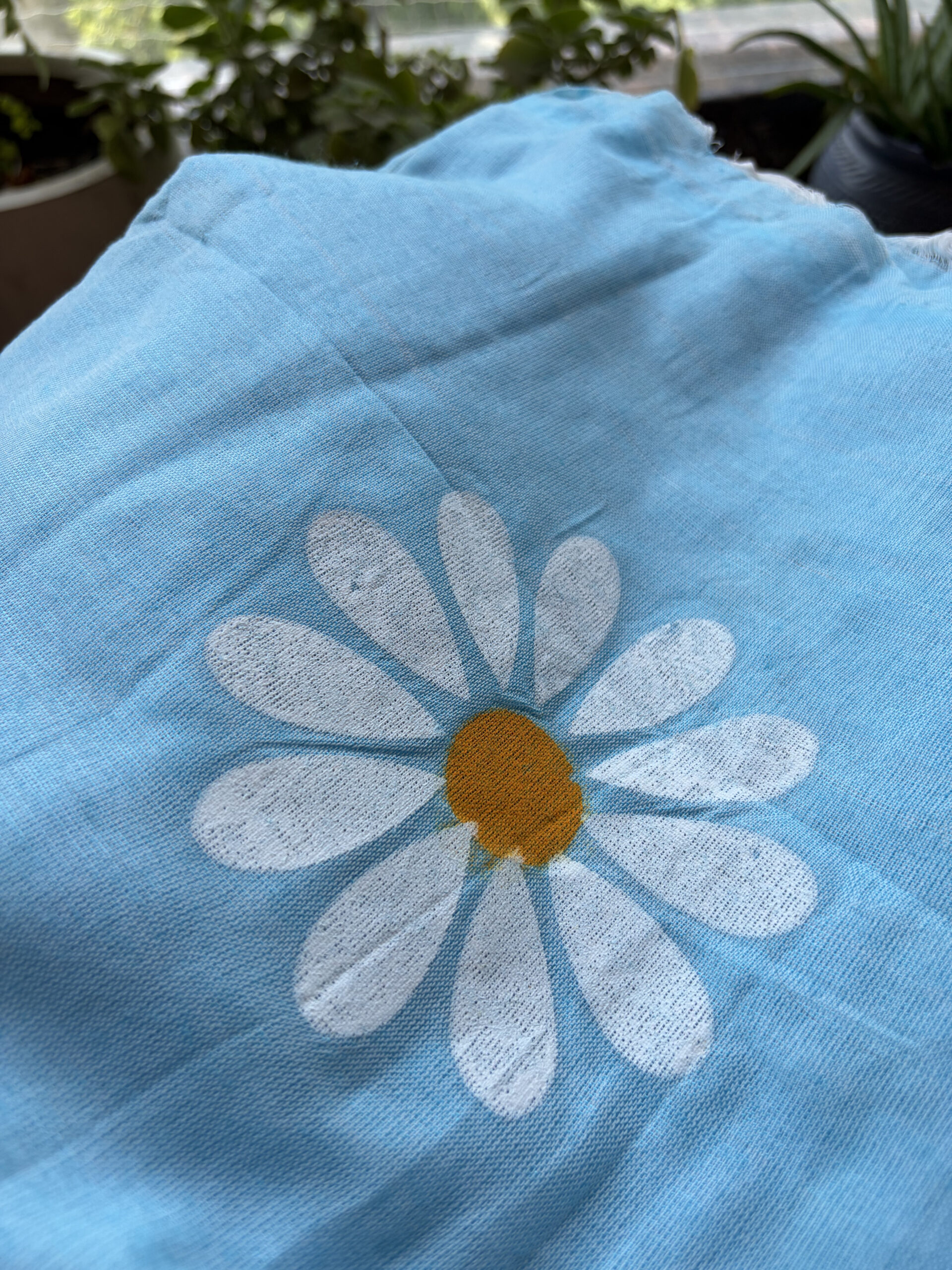 Sky Blue Khadi Cotton Saree with Daisy Block Prints - Image 2