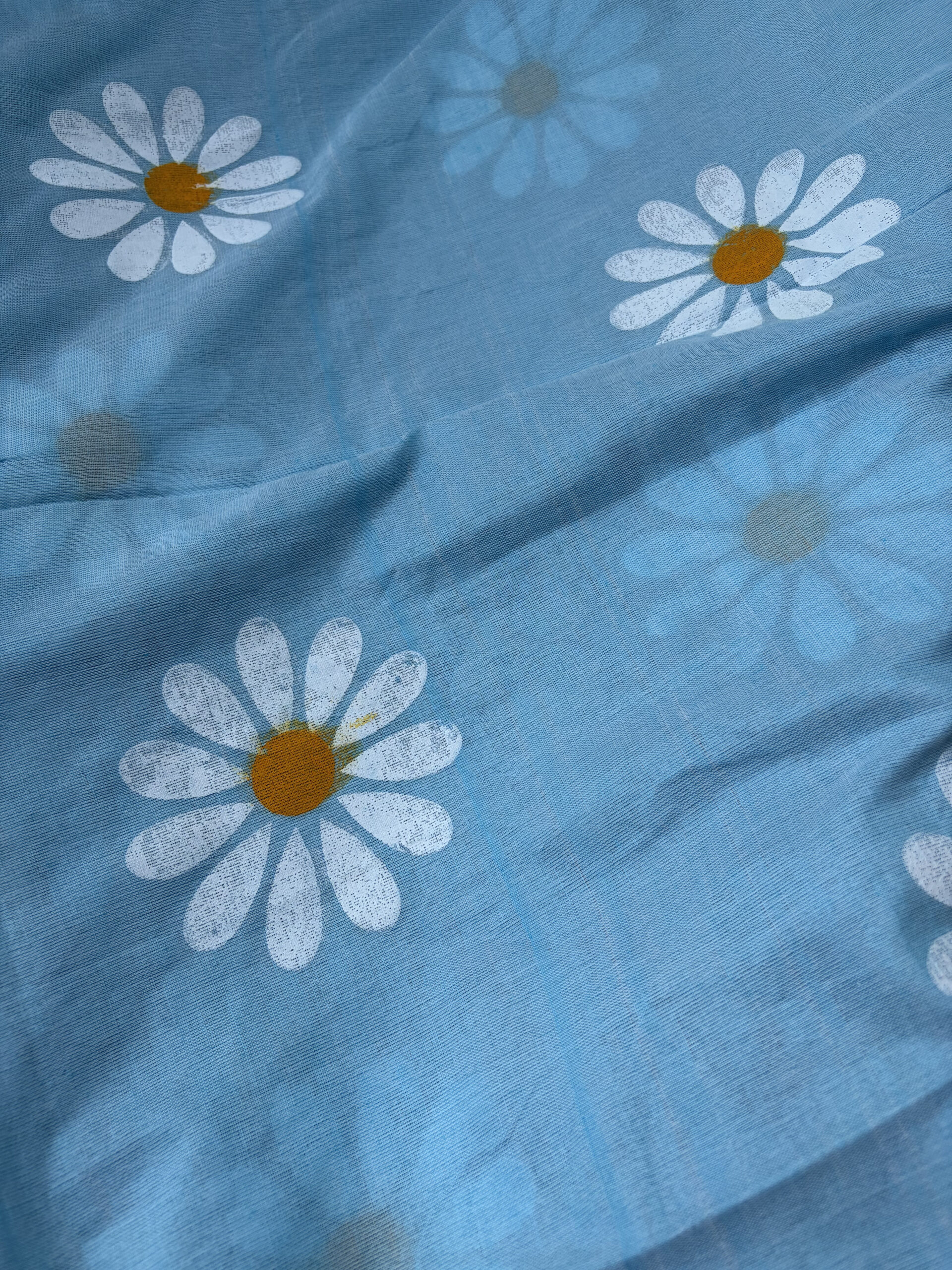 Sky Blue Khadi Cotton Saree with Daisy Block Prints