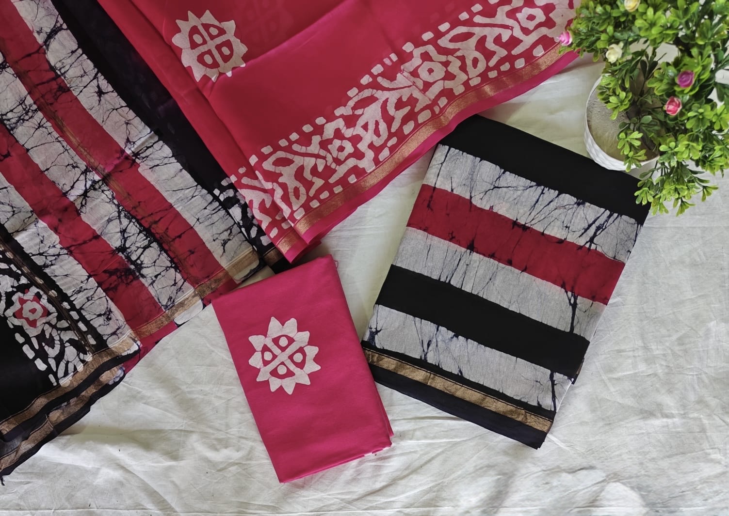 Deep Red Tie & Dye Batik Print Chanderi Silk Suit Set - Image 6