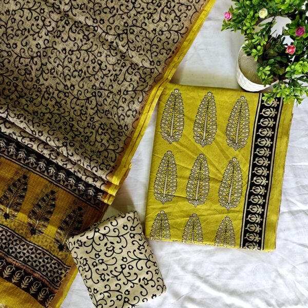 Mustard Yellow Hand-Block Printed Cotton Suit Set with Kota Doria Dupatta