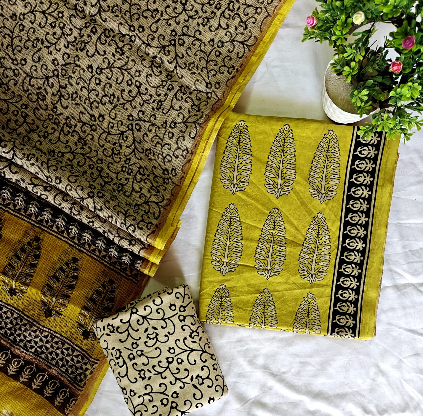 Mustard Yellow Hand-Block Printed Cotton Suit Set with Kota Doria Dupatta