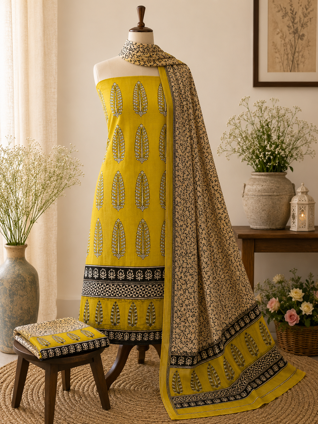 Mustard Yellow Hand-Block Printed Cotton Suit Set with Kota Doria Dupatta - Image 6
