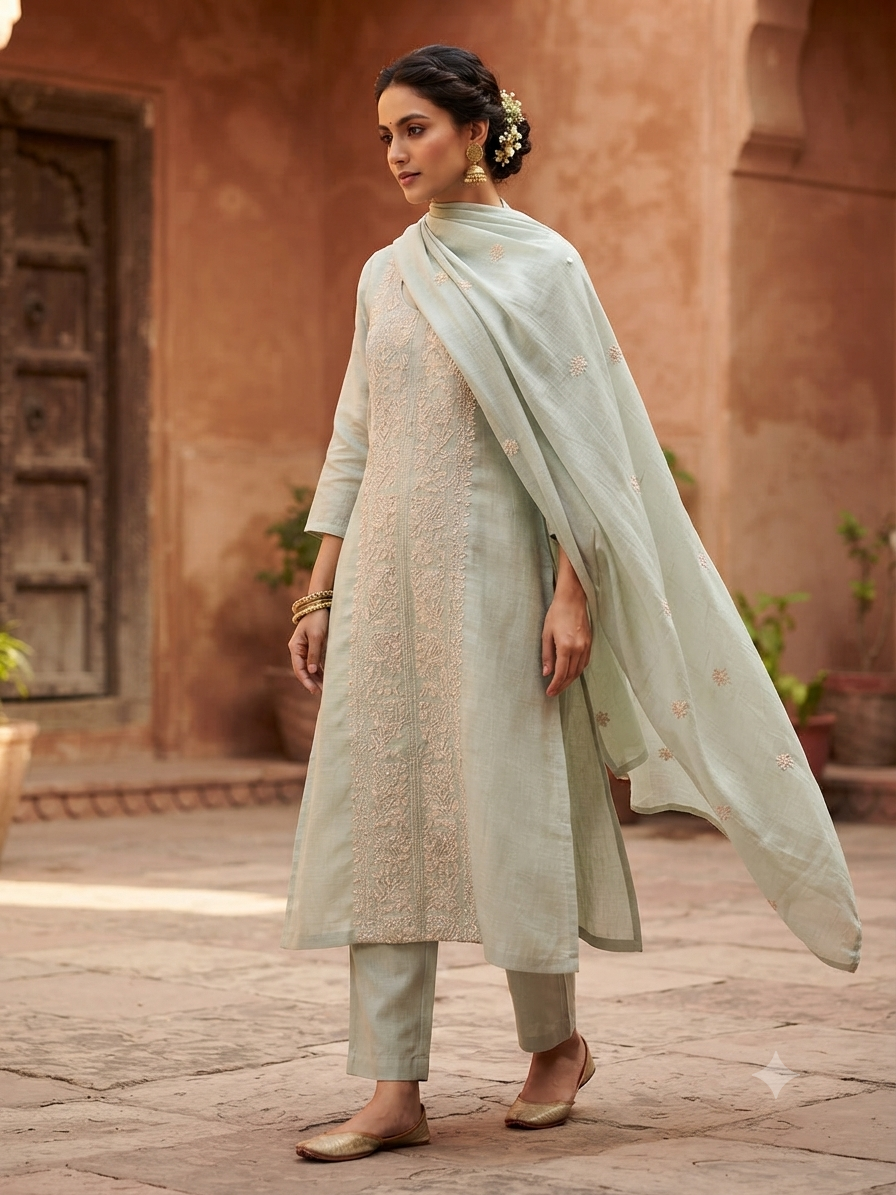 Chikankari-Inspired Mul Chanderi Suit Set in Sage Green Colour - Image 7