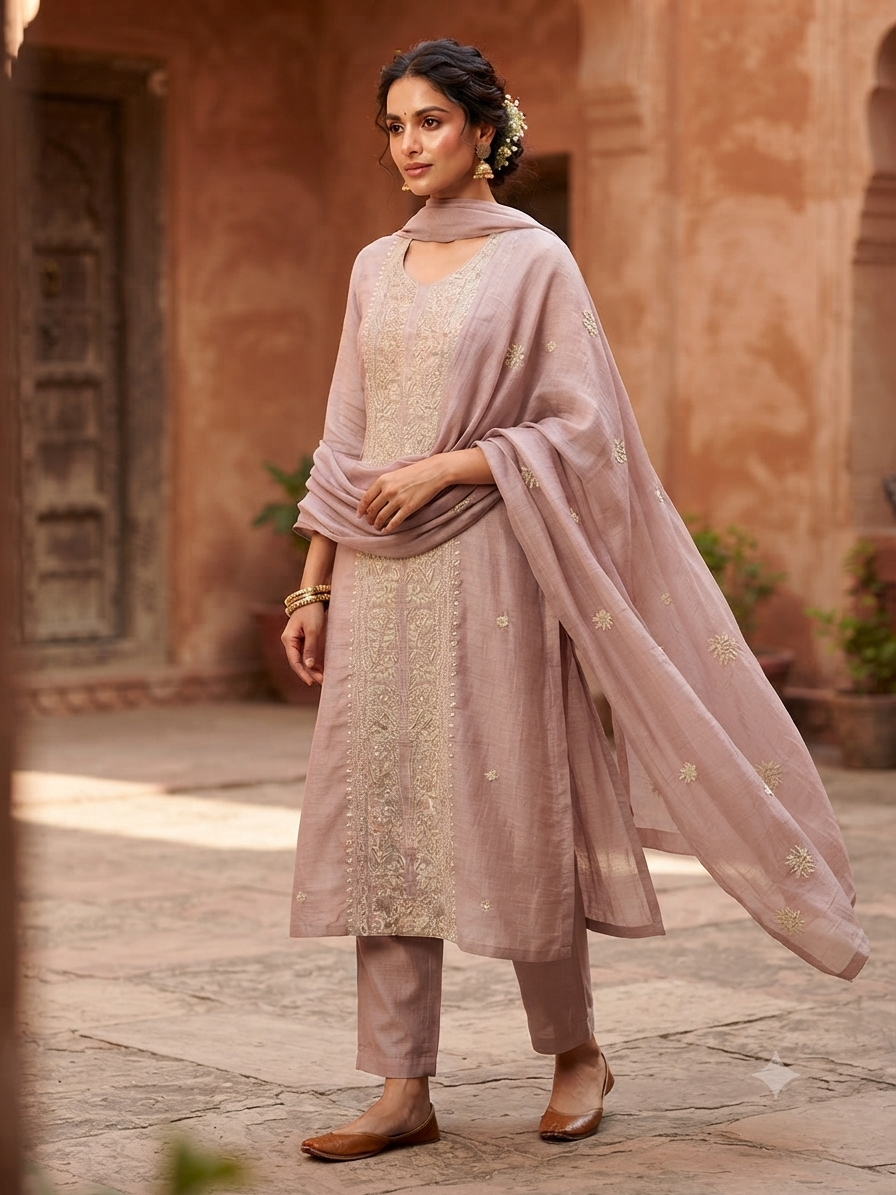 Chikankari-Inspired Mul Chanderi Suit Set in Earthy Rose Colour - Image 6