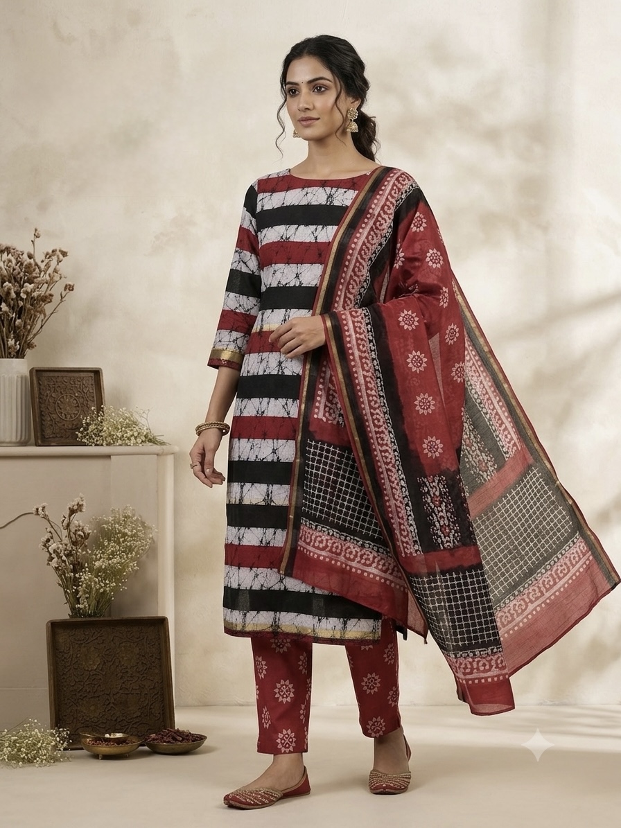 Deep Red Tie & Dye Batik Print Chanderi Silk Suit Set - Image 7