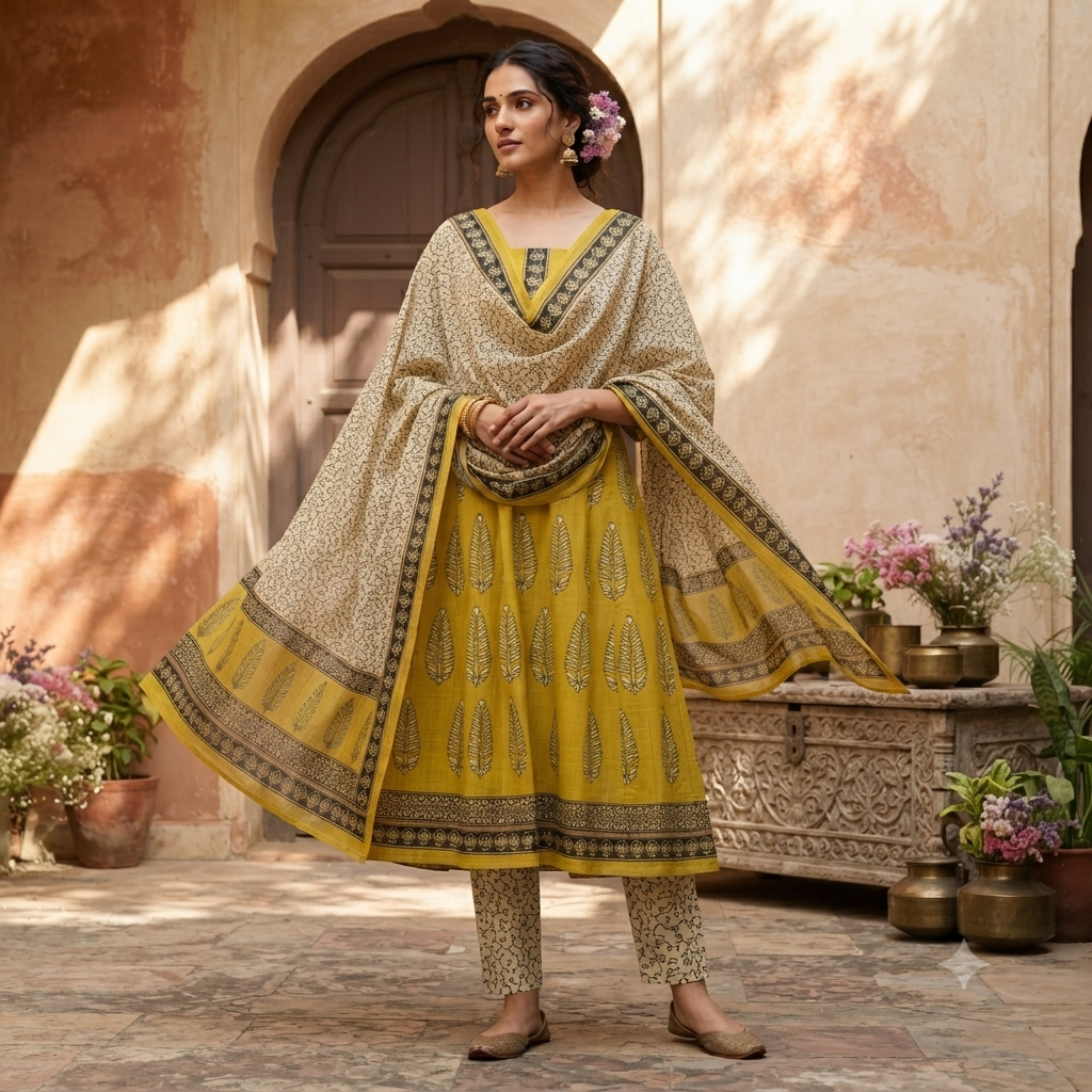 Mustard Yellow Hand-Block Printed Cotton Suit Set with Kota Doria Dupatta - Image 7