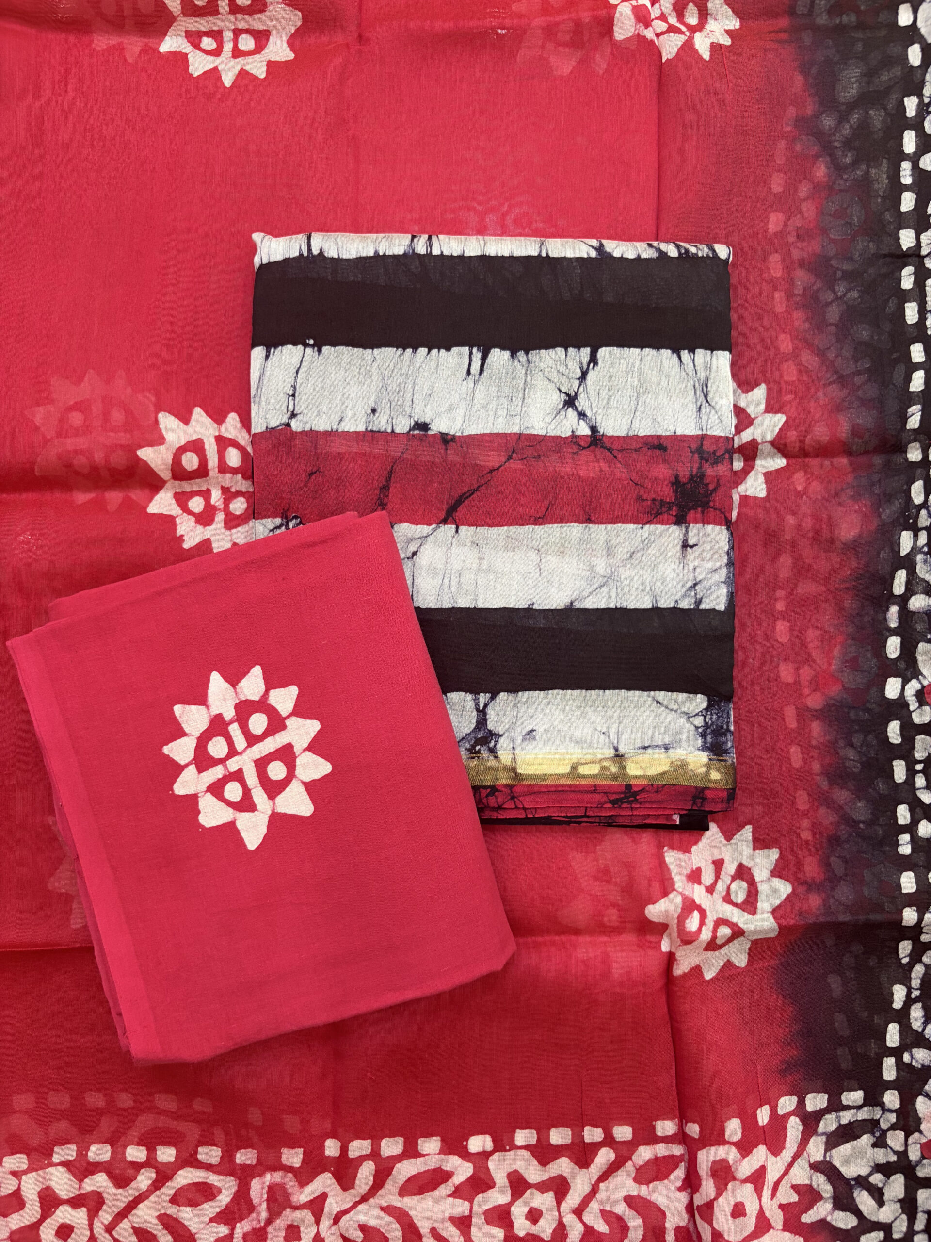 Deep Red Tie & Dye Batik Print Chanderi Silk Suit Set - Image 3