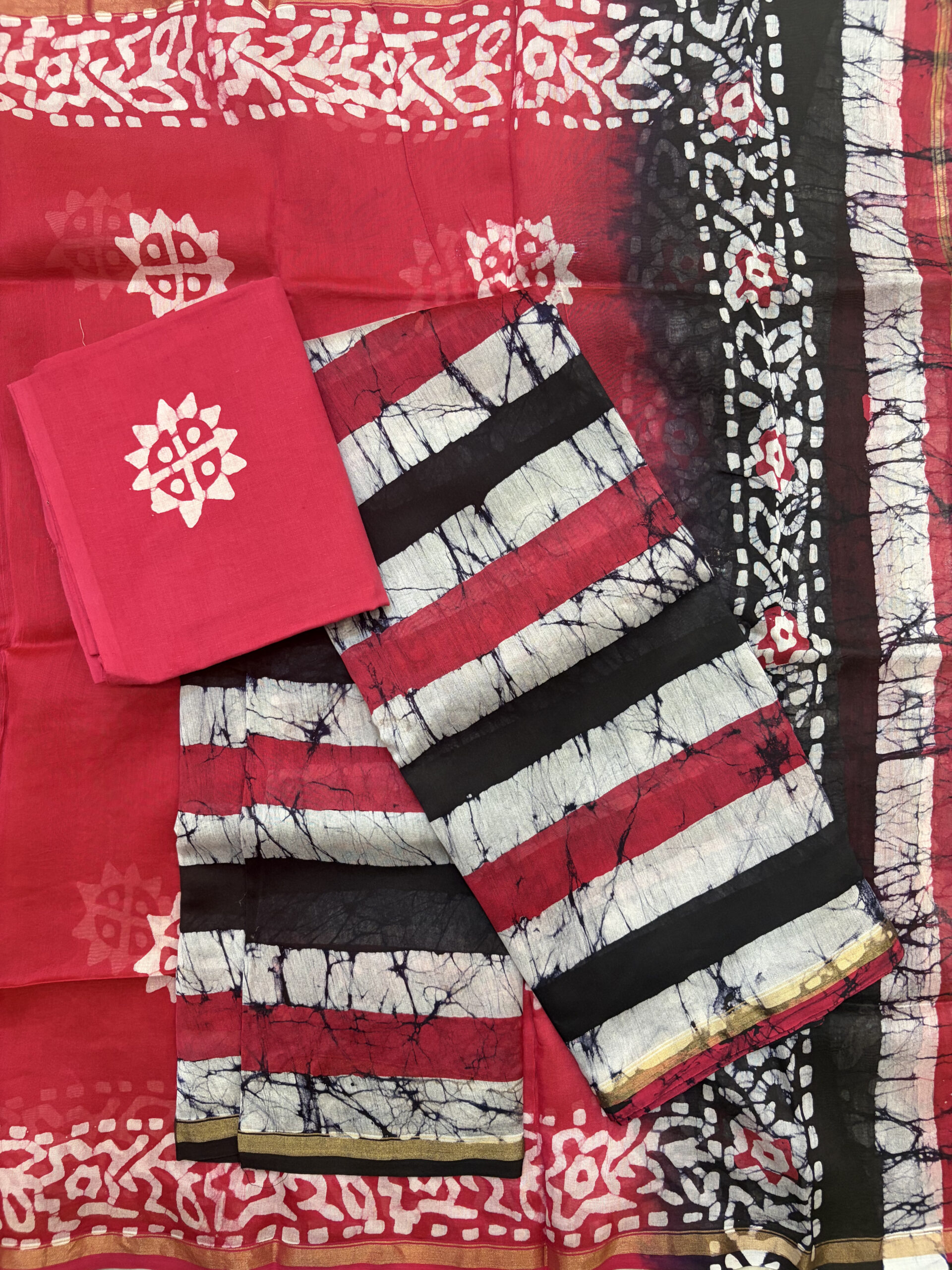 Deep Red Tie & Dye Batik Print Chanderi Silk Suit Set - Image 2