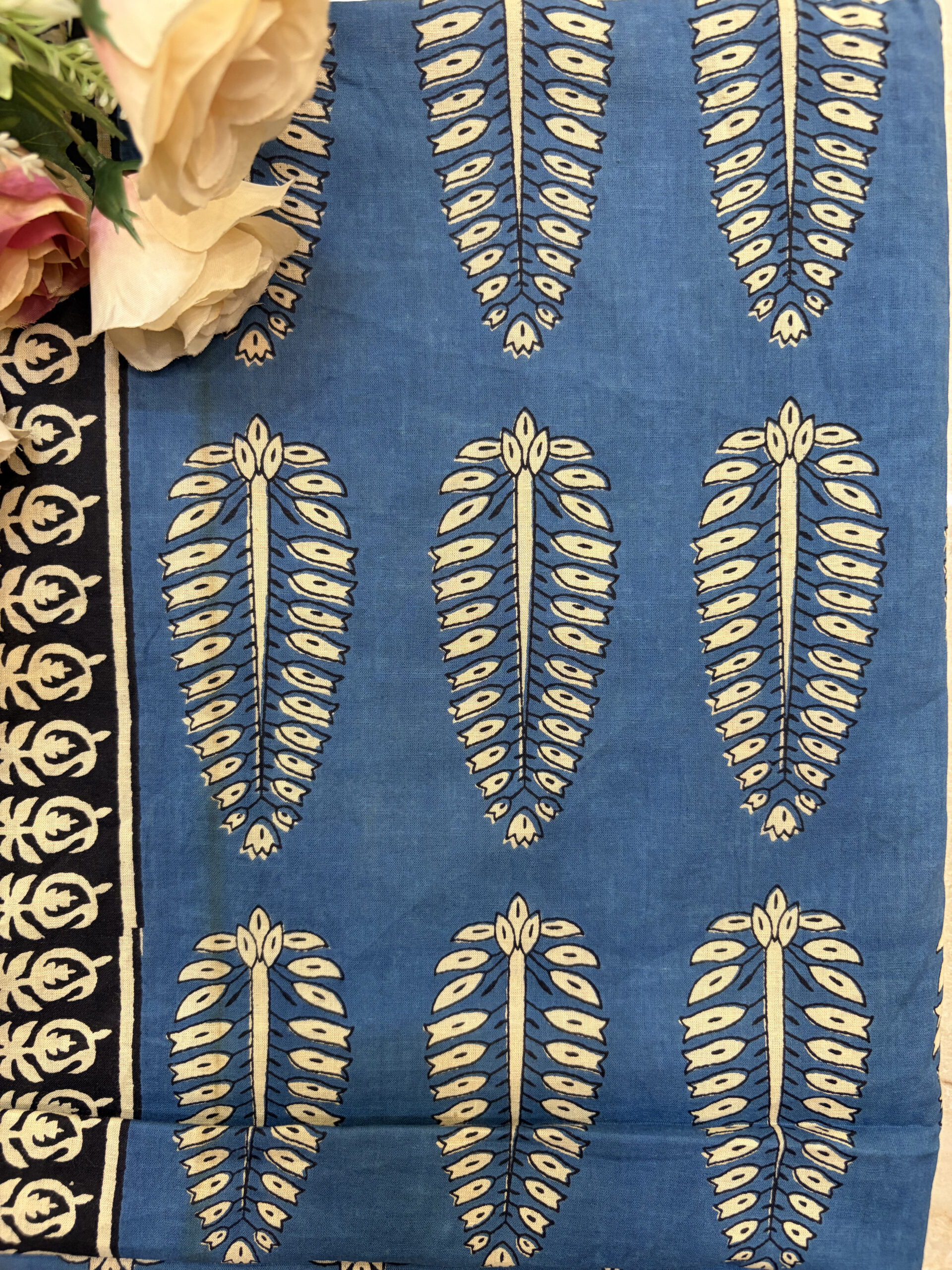 Indigo & Beige Hand-Block Printed Cotton Suit Set with Kota Doria Dupatta - Image 5