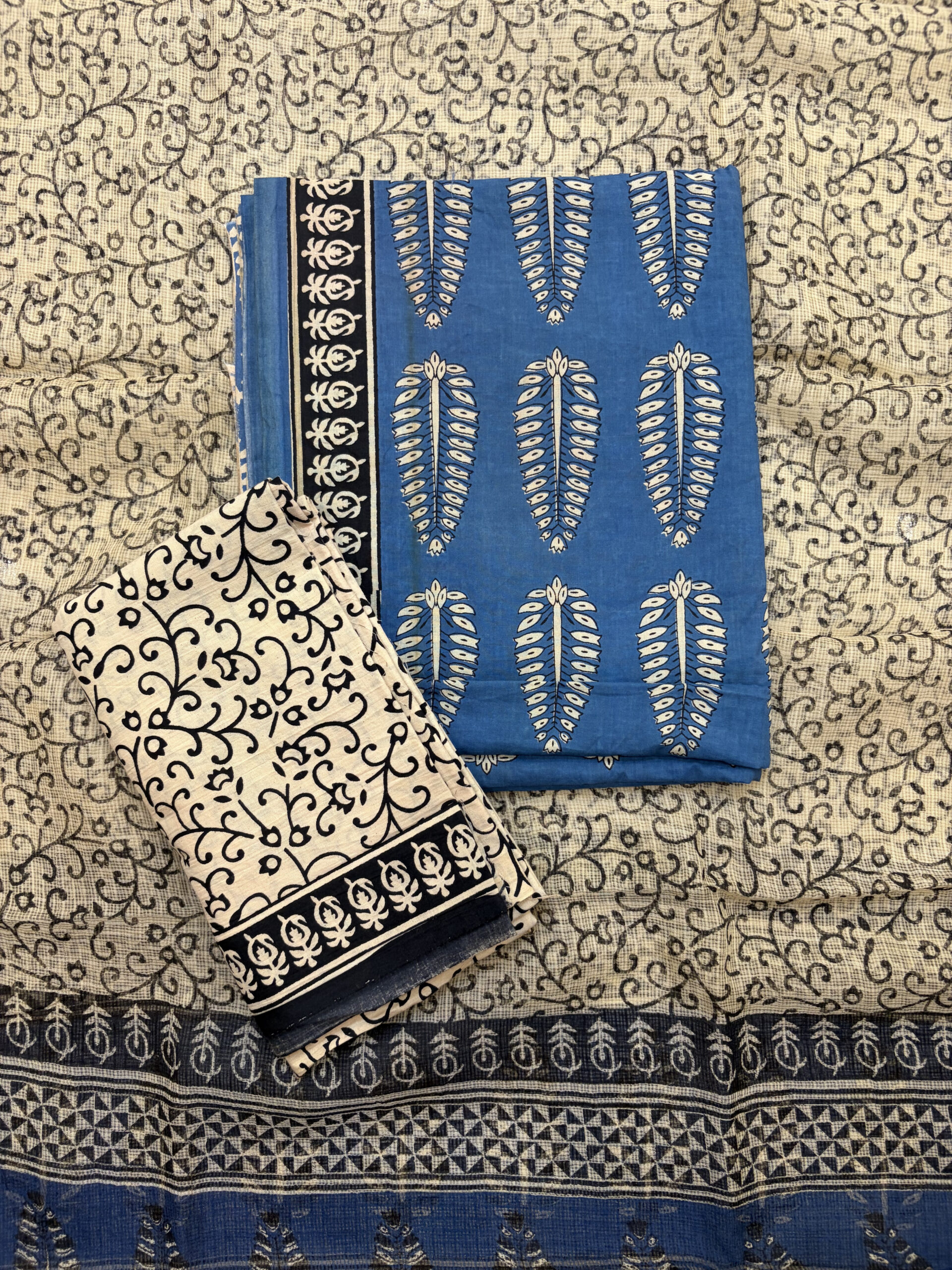 Indigo & Beige Hand-Block Printed Cotton Suit Set with Kota Doria Dupatta - Image 3