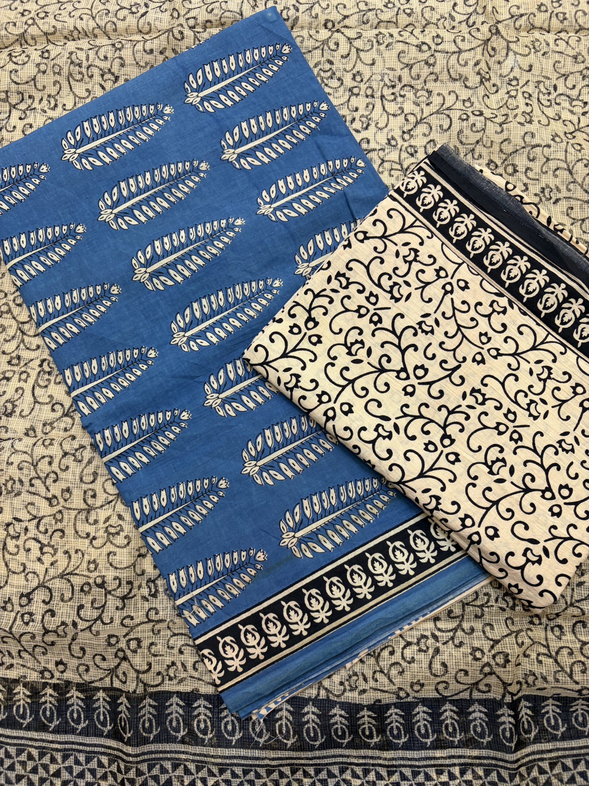 Indigo & Beige Hand-Block Printed Cotton Suit Set with Kota Doria Dupatta - Image 2