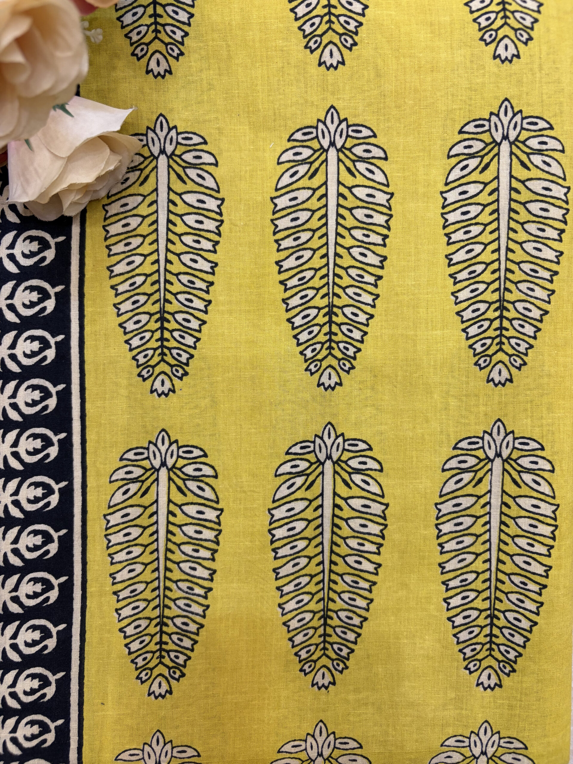 Mustard Yellow Hand-Block Printed Cotton Suit Set with Kota Doria Dupatta - Image 5