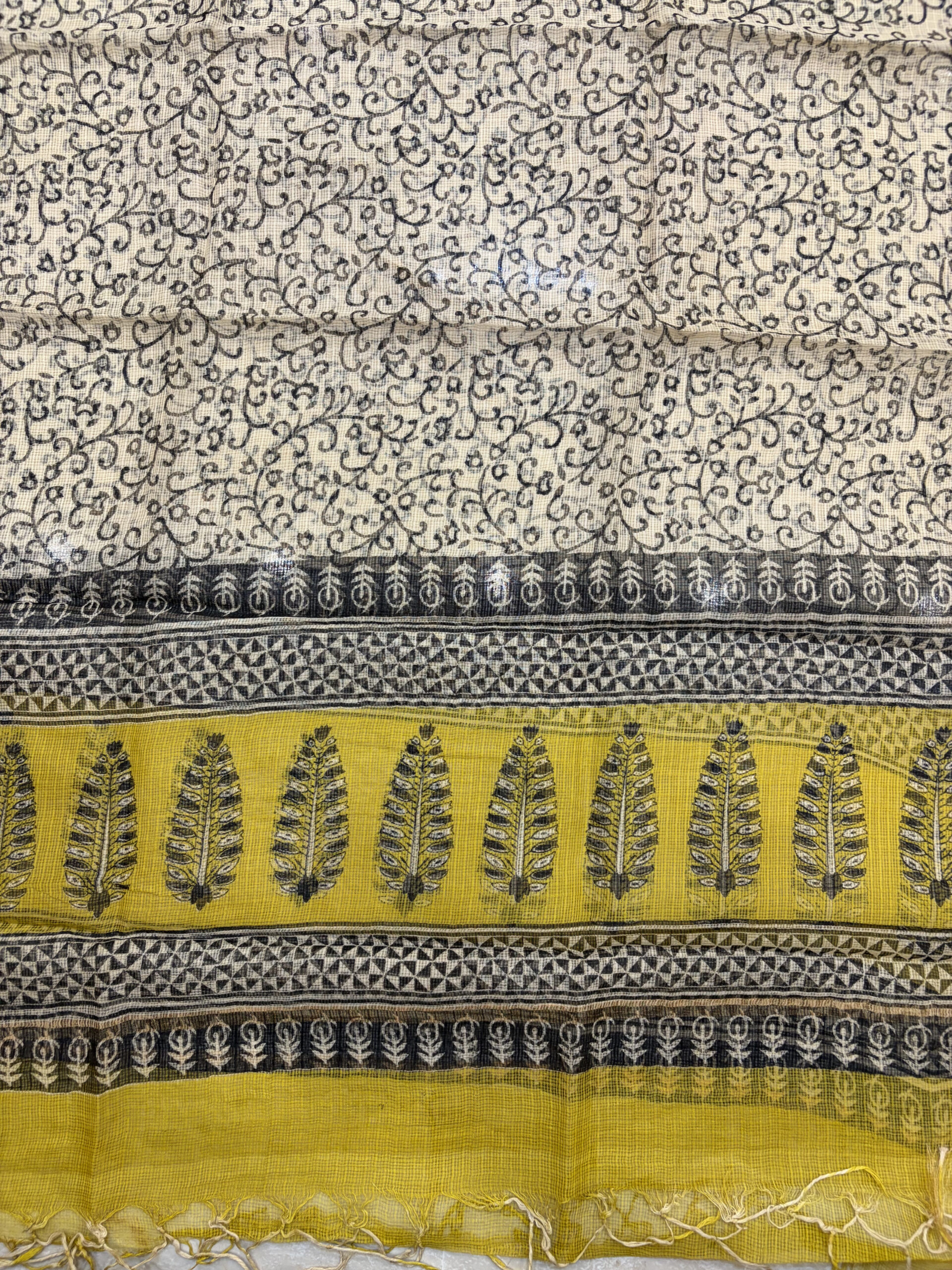 Mustard Yellow Hand-Block Printed Cotton Suit Set with Kota Doria Dupatta - Image 4