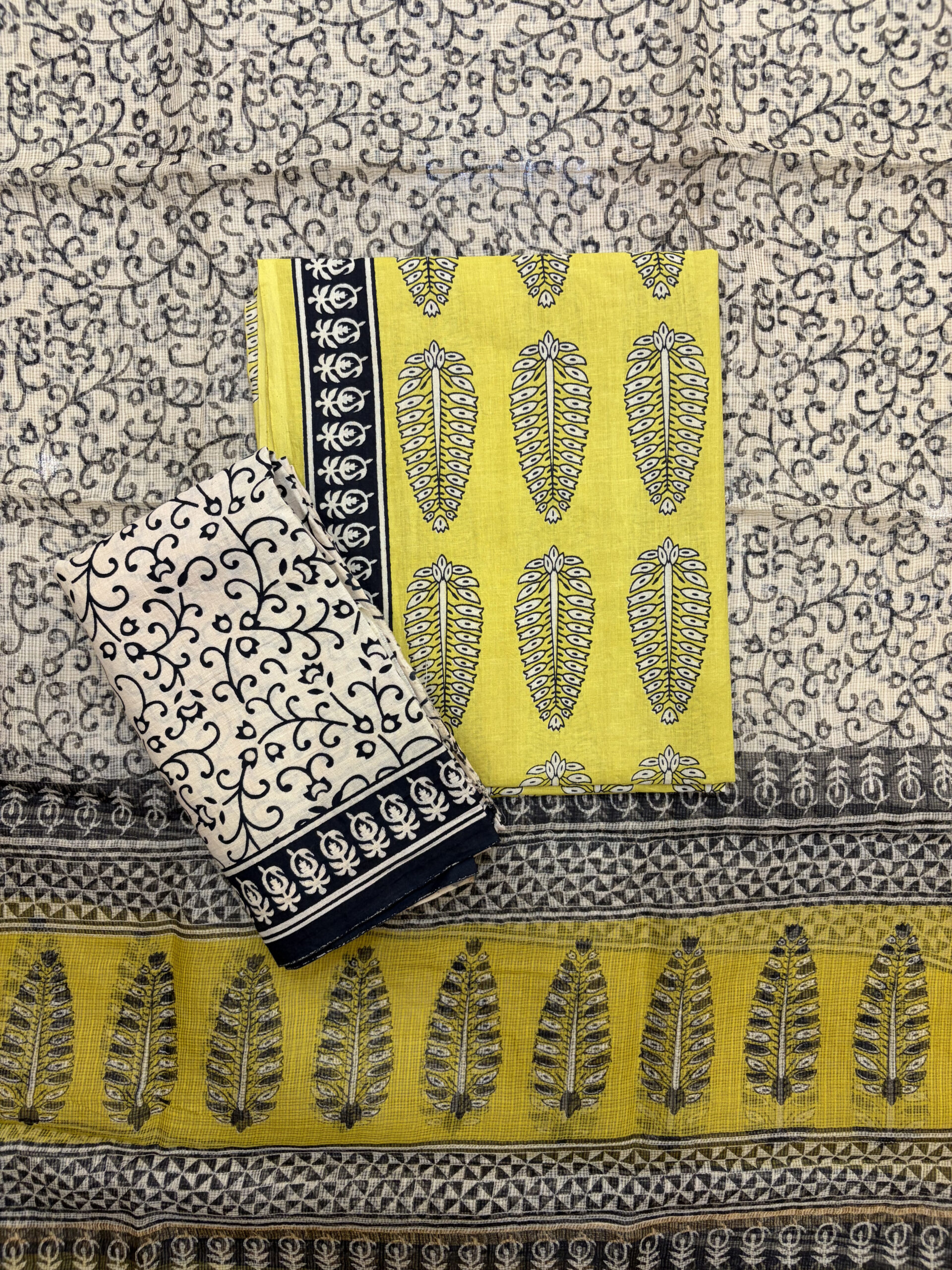 Mustard Yellow Hand-Block Printed Cotton Suit Set with Kota Doria Dupatta - Image 3