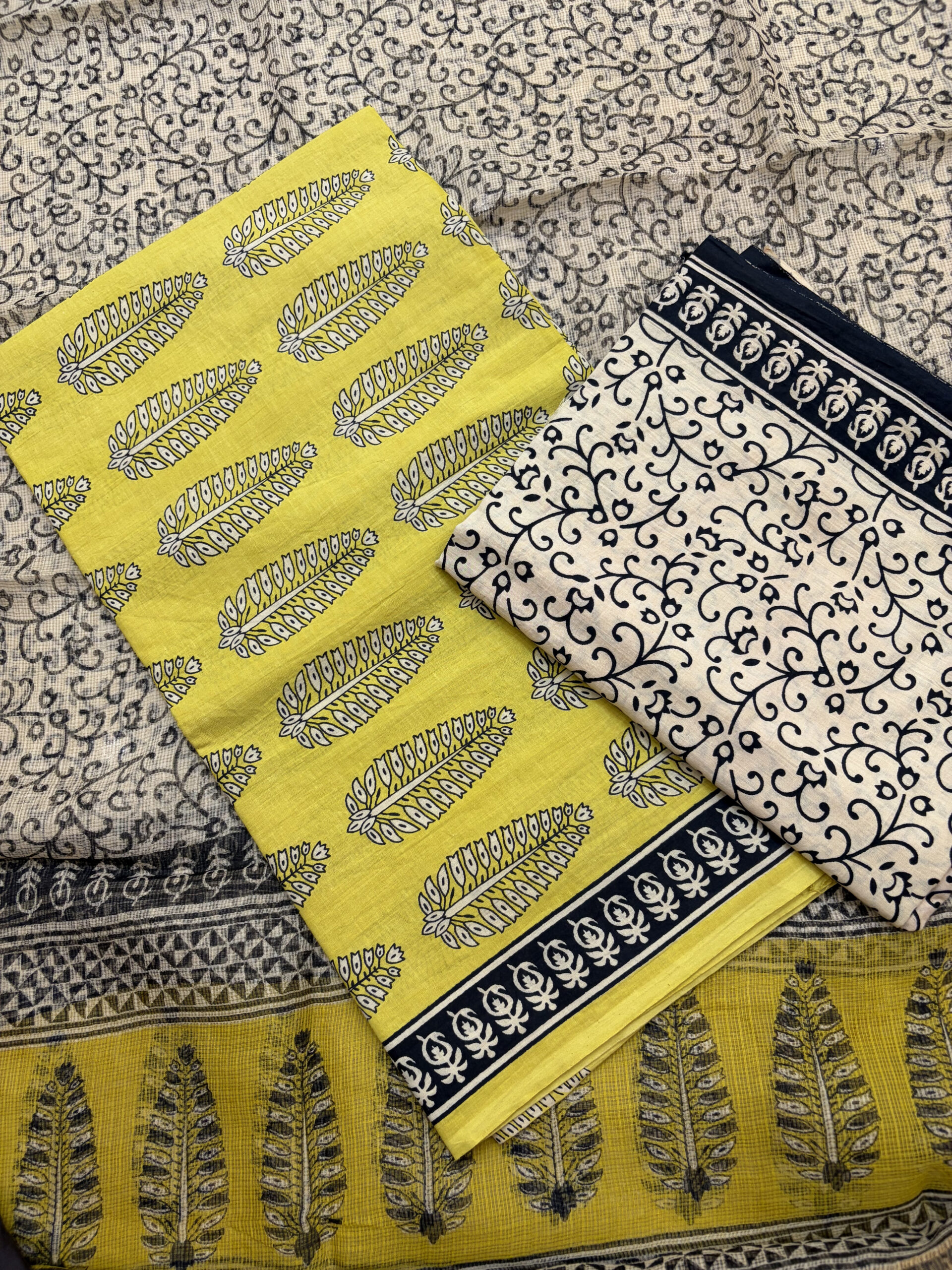 Mustard Yellow Hand-Block Printed Cotton Suit Set with Kota Doria Dupatta - Image 2