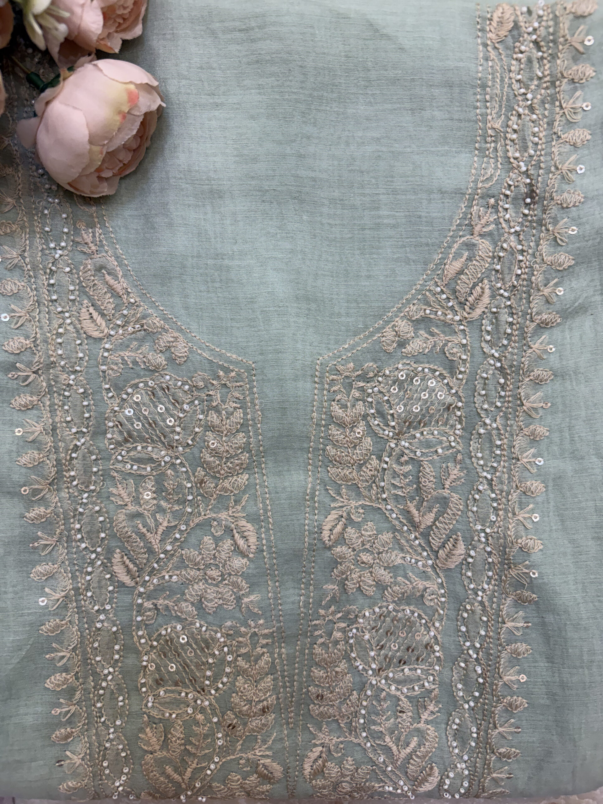 Chikankari-Inspired Mul Chanderi Suit Set in Sage Green Colour - Image 5