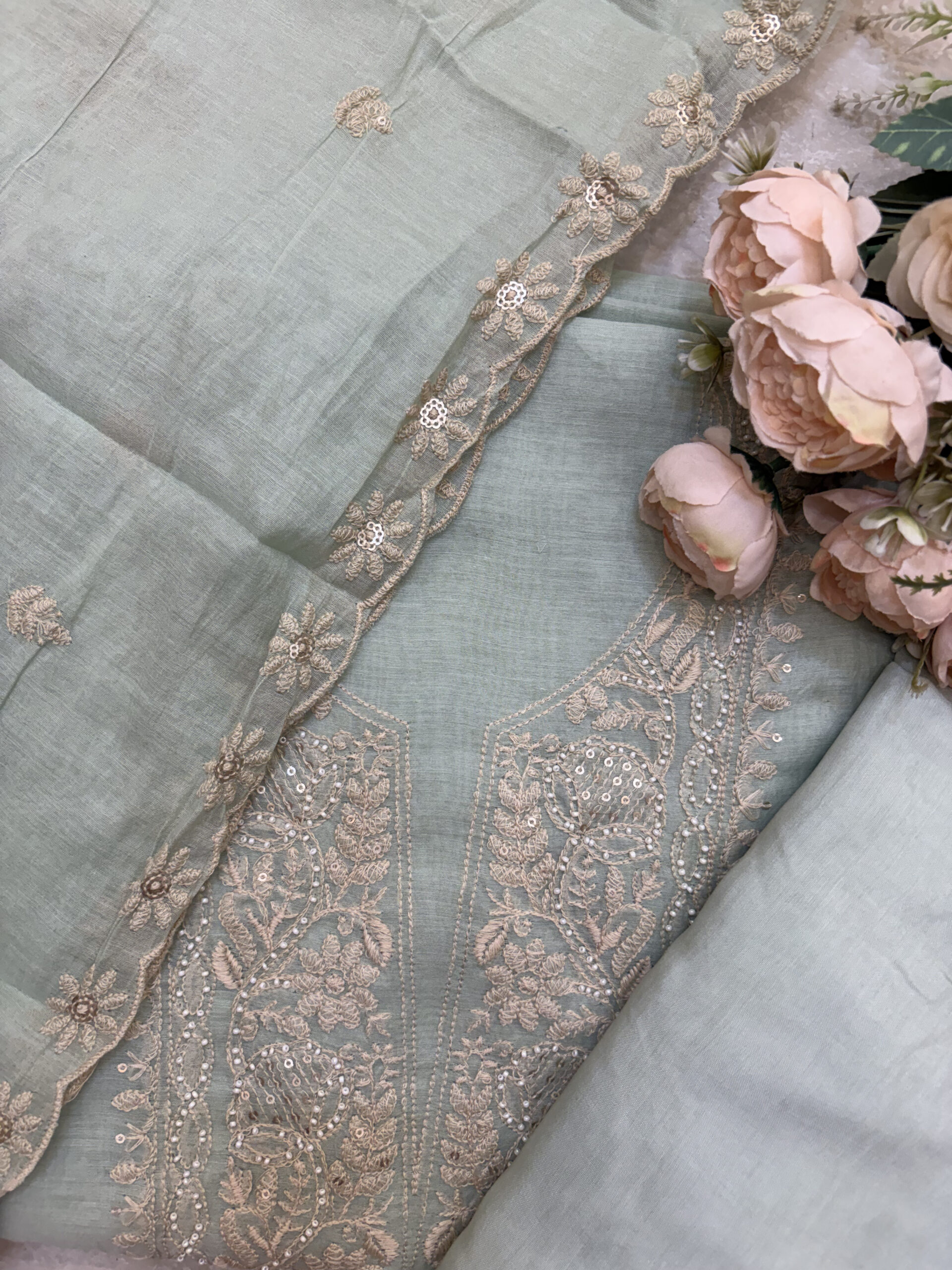 Chikankari-Inspired Mul Chanderi Suit Set in Sage Green Colour - Image 2