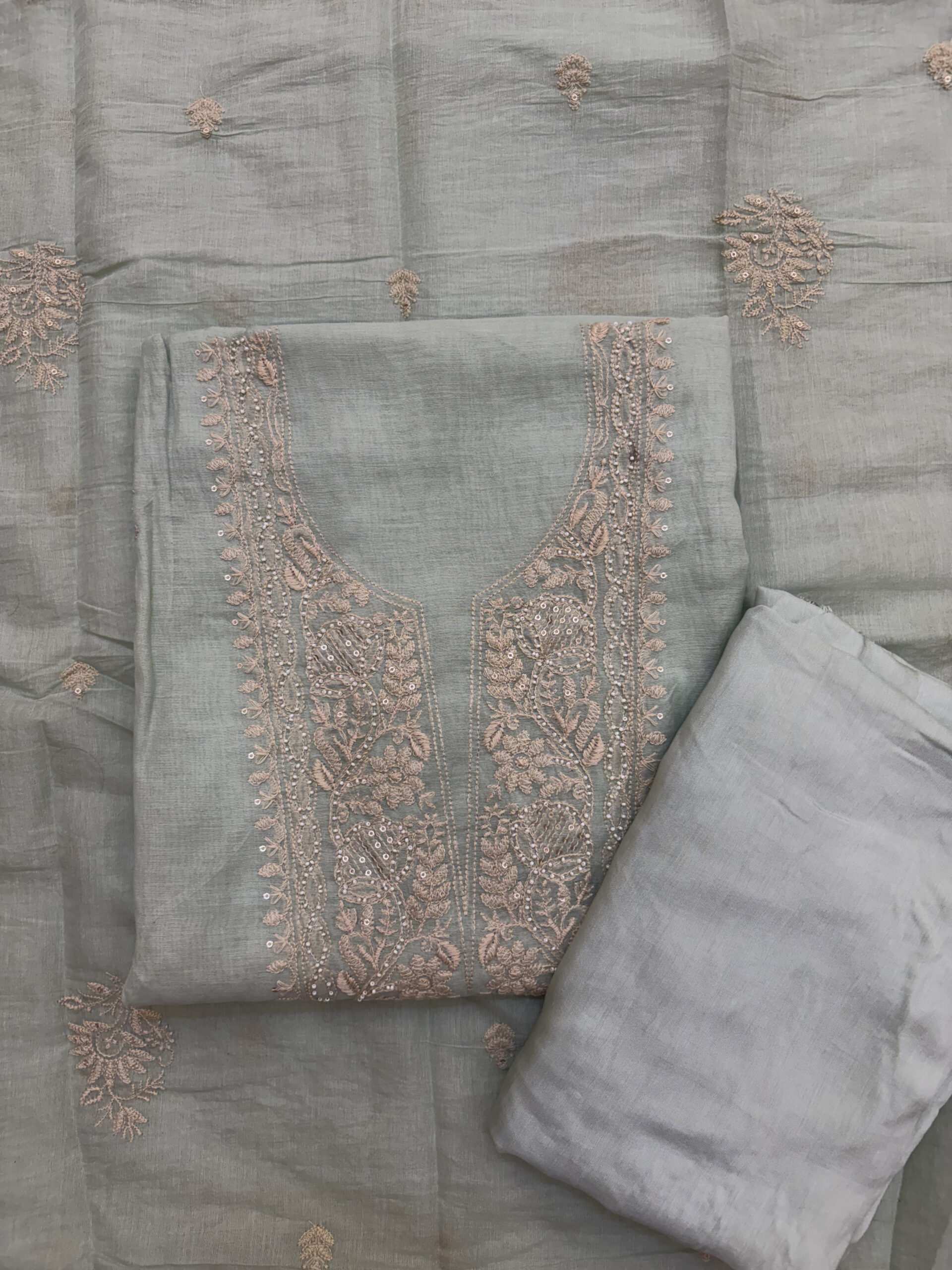 Chikankari-Inspired Mul Chanderi Suit Set in Sage Green Colour - Image 4