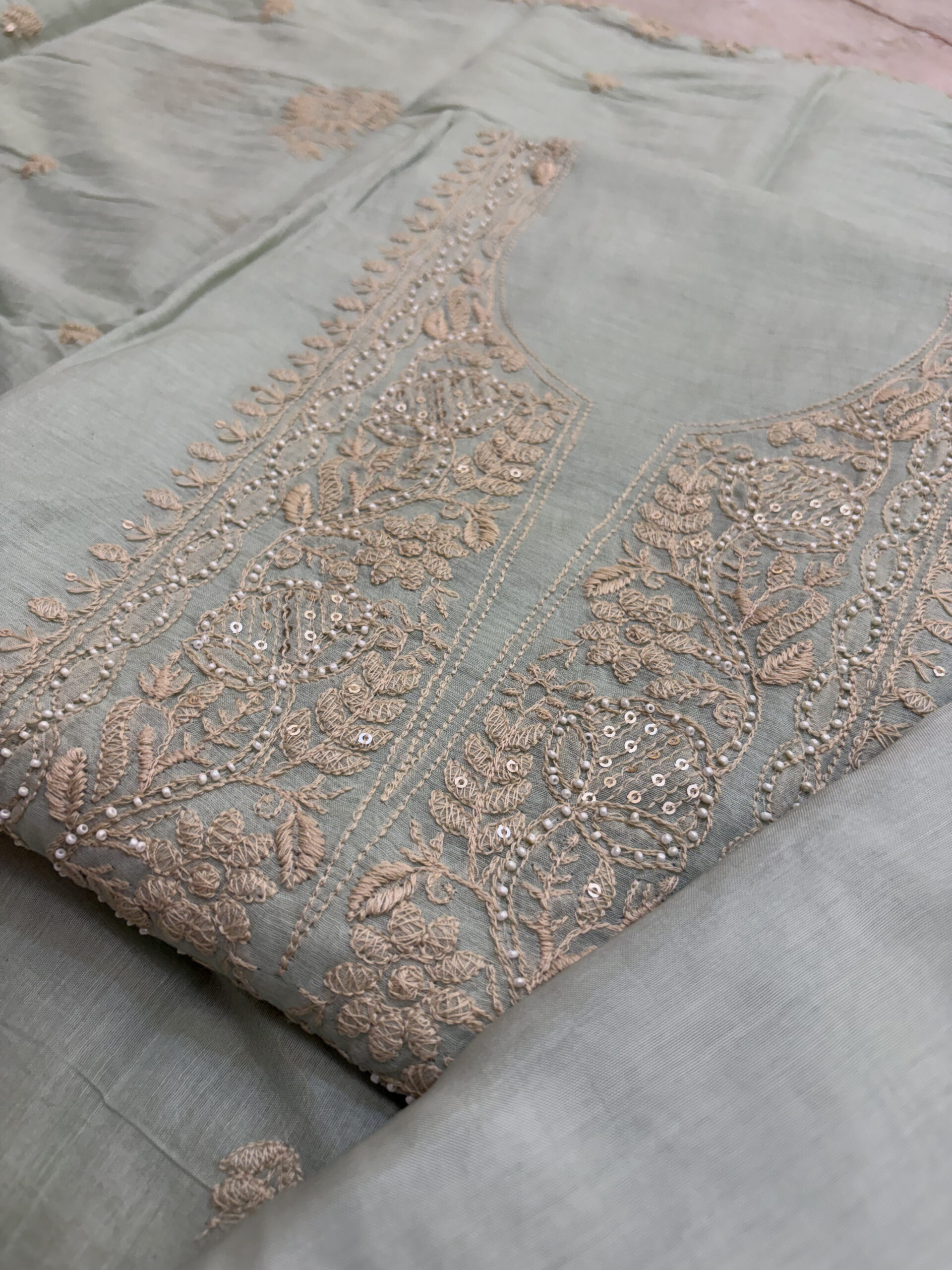 Chikankari-Inspired Mul Chanderi Suit Set in Sage Green Colour - Image 3