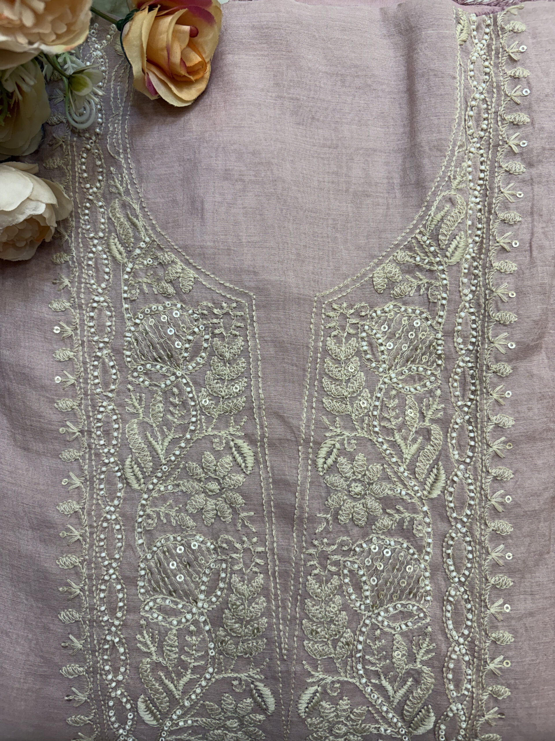 Chikankari-Inspired Mul Chanderi Suit Set in Earthy Rose Colour - Image 4