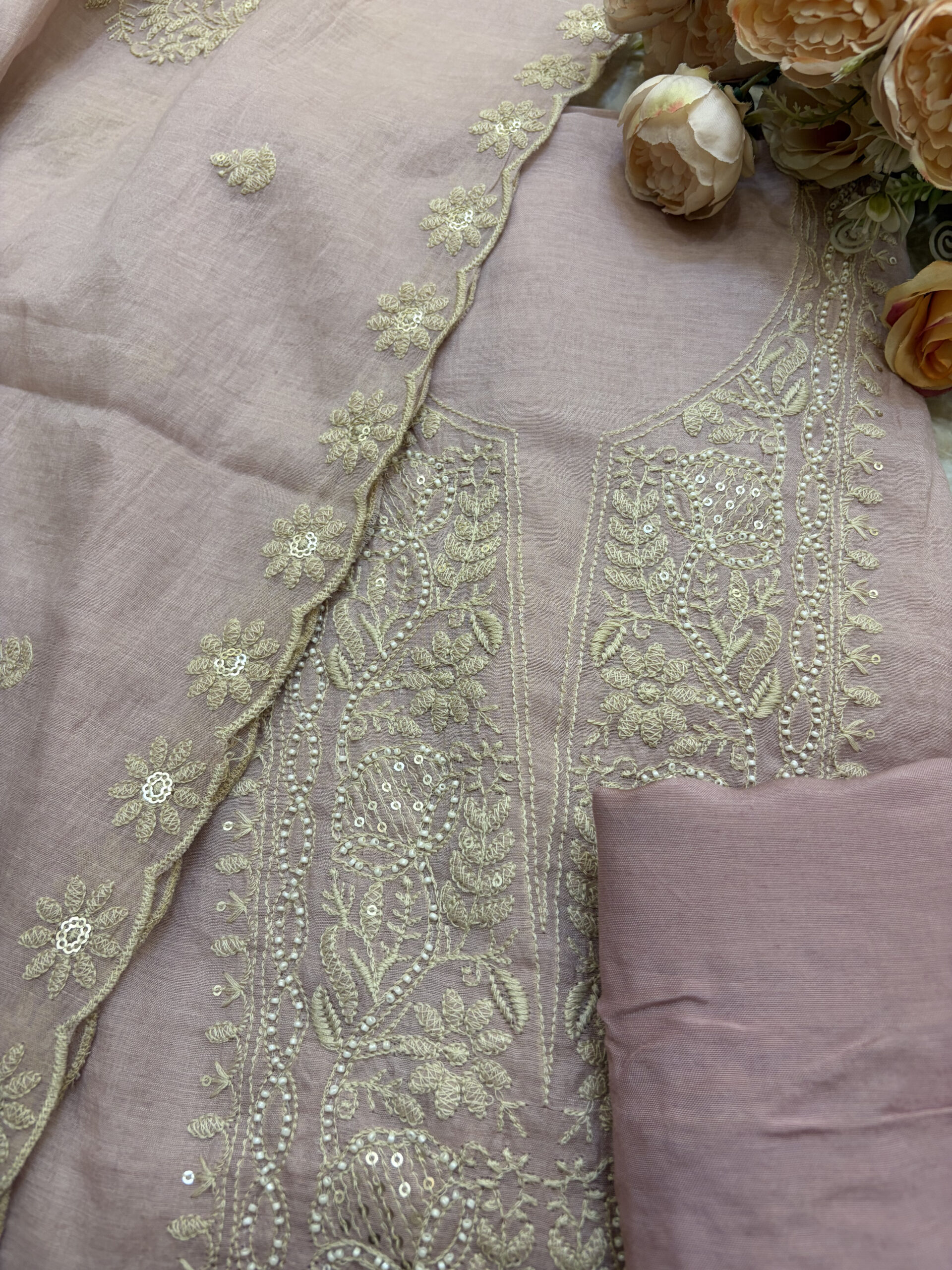 Chikankari-Inspired Mul Chanderi Suit Set in Earthy Rose Colour - Image 3