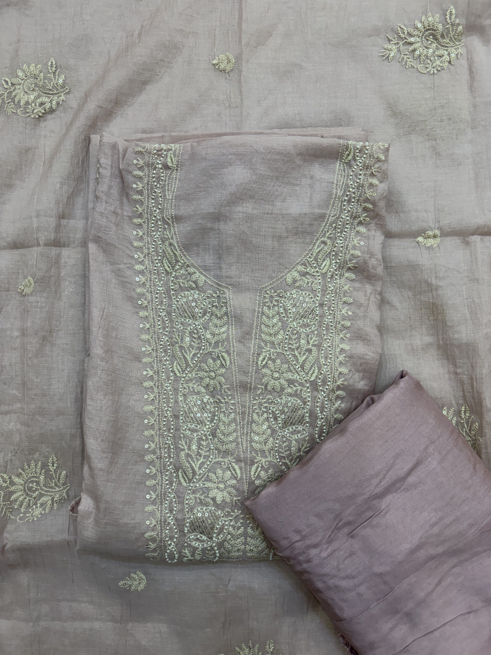 Chikankari-Inspired Mul Chanderi Suit Set in Earthy Rose Colour - Image 2