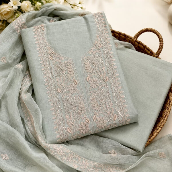 Chikankari-Inspired Mul Chanderi Suit Set in Sage Green Colour