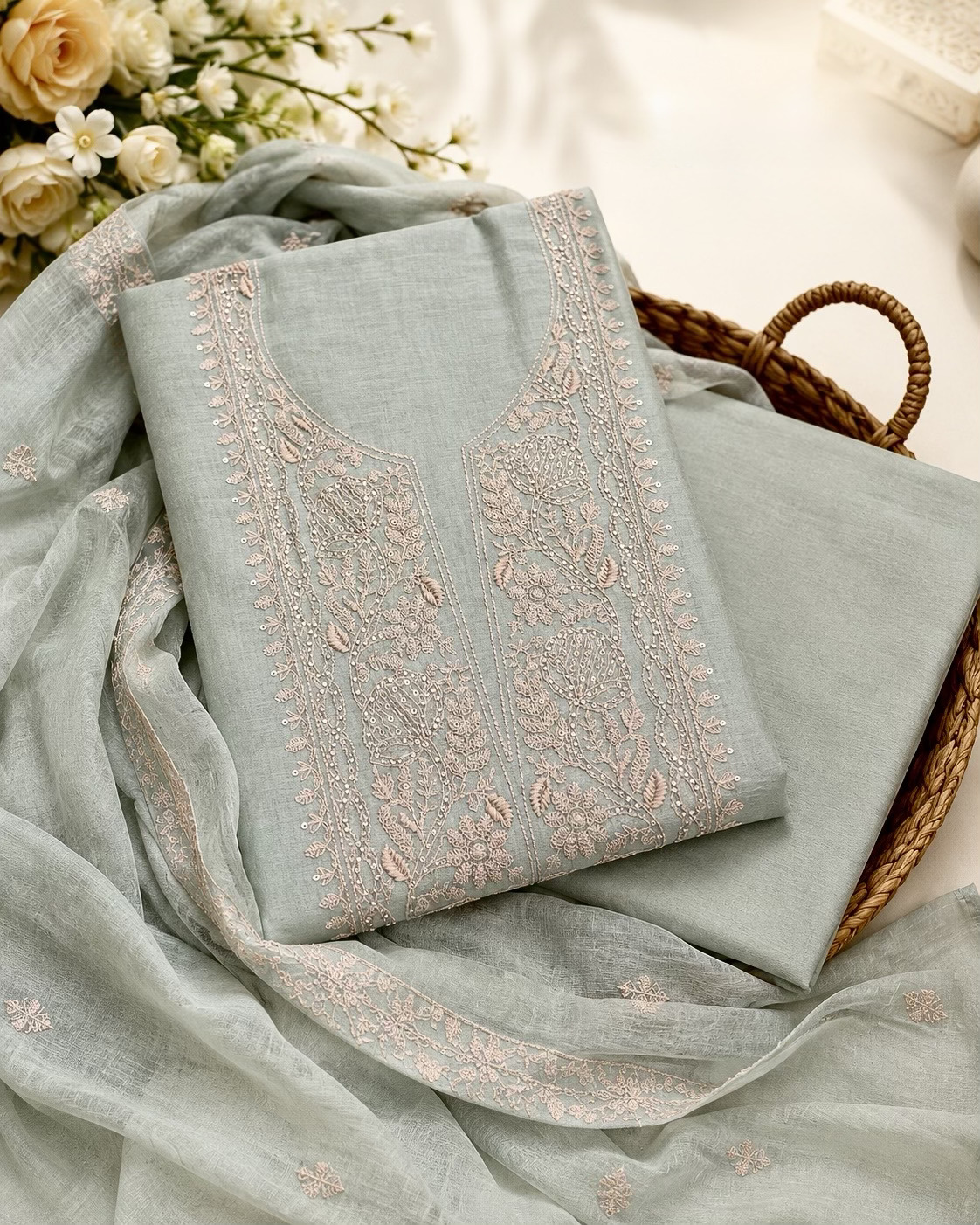 Chikankari-Inspired Mul Chanderi Suit Set in Sage Green Colour