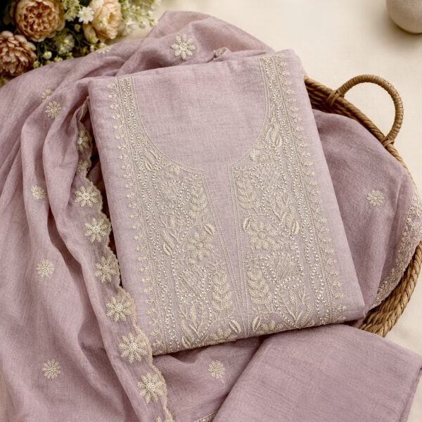 Chikankari-Inspired Mul Chanderi Suit Set in Earthy Rose Colour