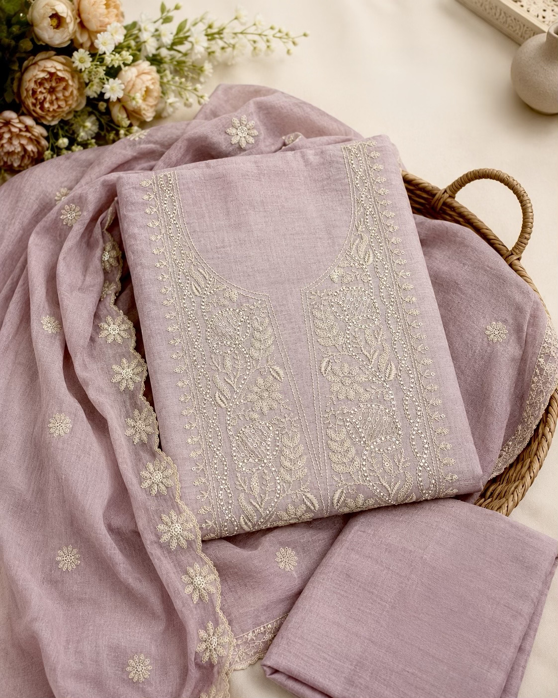 Chikankari-Inspired Mul Chanderi Suit Set in Earthy Rose Colour