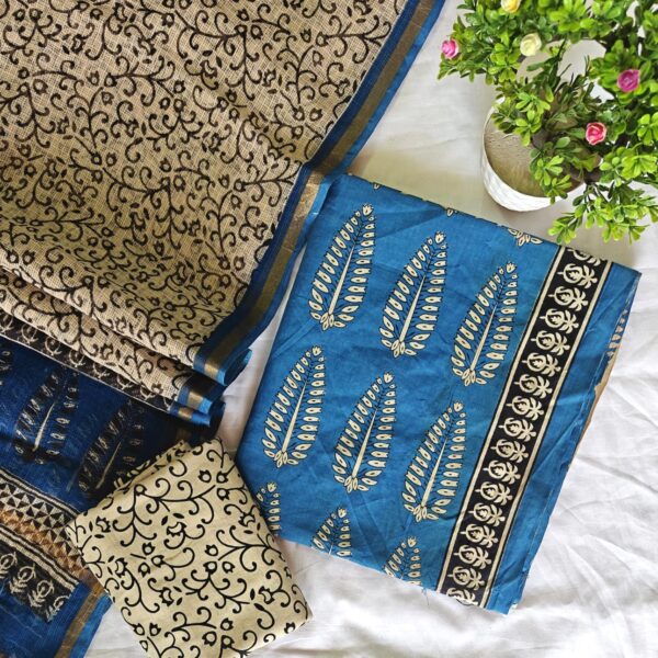 Indigo & Beige Hand-Block Printed Cotton Suit Set with Kota Doria Dupatta