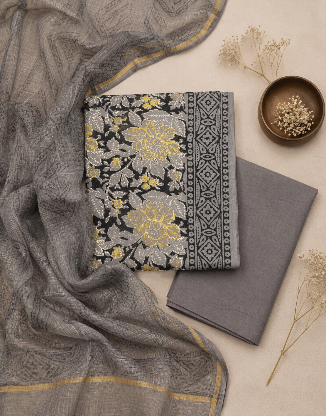 Grey Vanaspati Ajrakh Cotton Hand Block Painted Suit Set