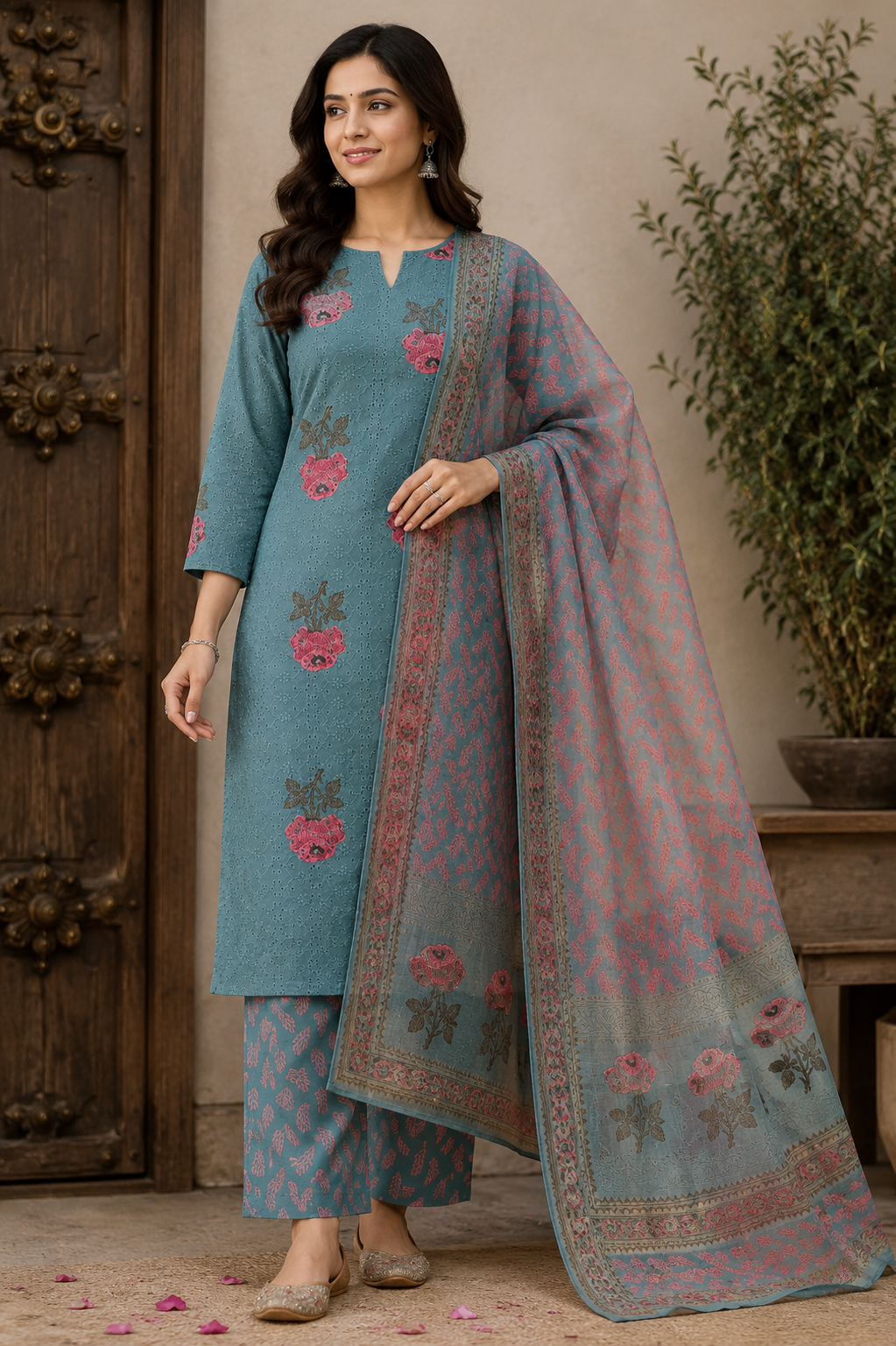 Rama Green Schiffli Hakoba Cotton Hand Block Painted Suit Set - Image 6