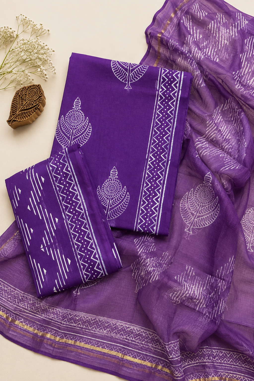 Purple Cotton Hand Block Printed Suit Set