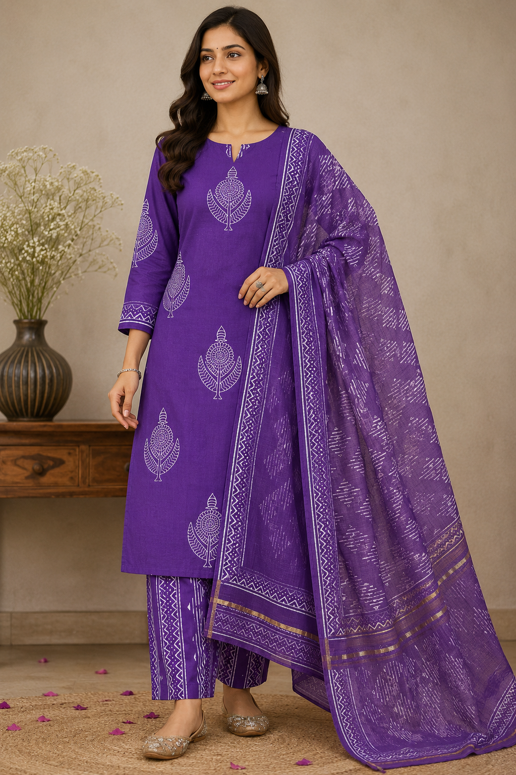 Purple Cotton Hand Block Printed Suit Set - Image 2