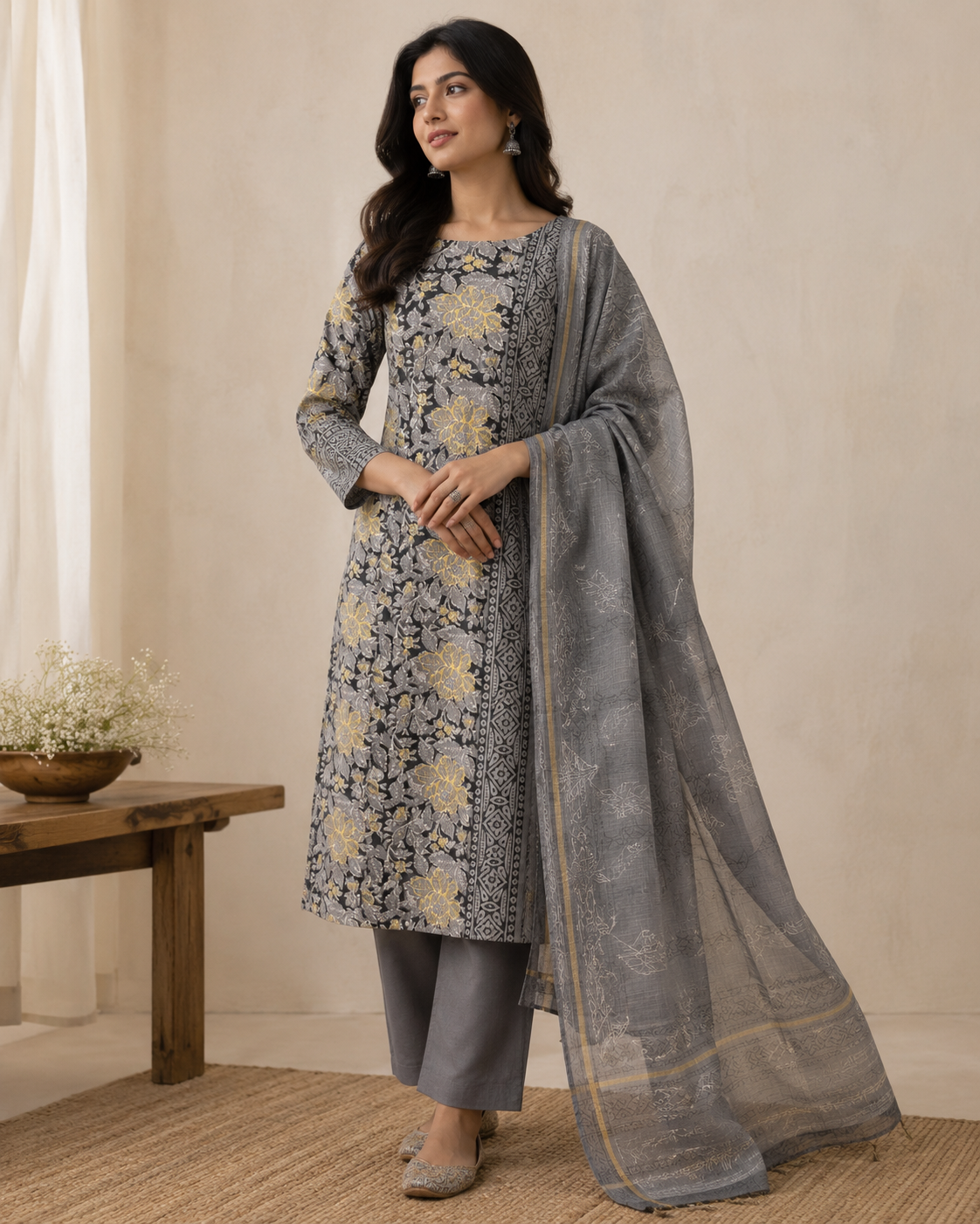 Grey Vanaspati Ajrakh Cotton Hand Block Painted Suit Set - Image 2