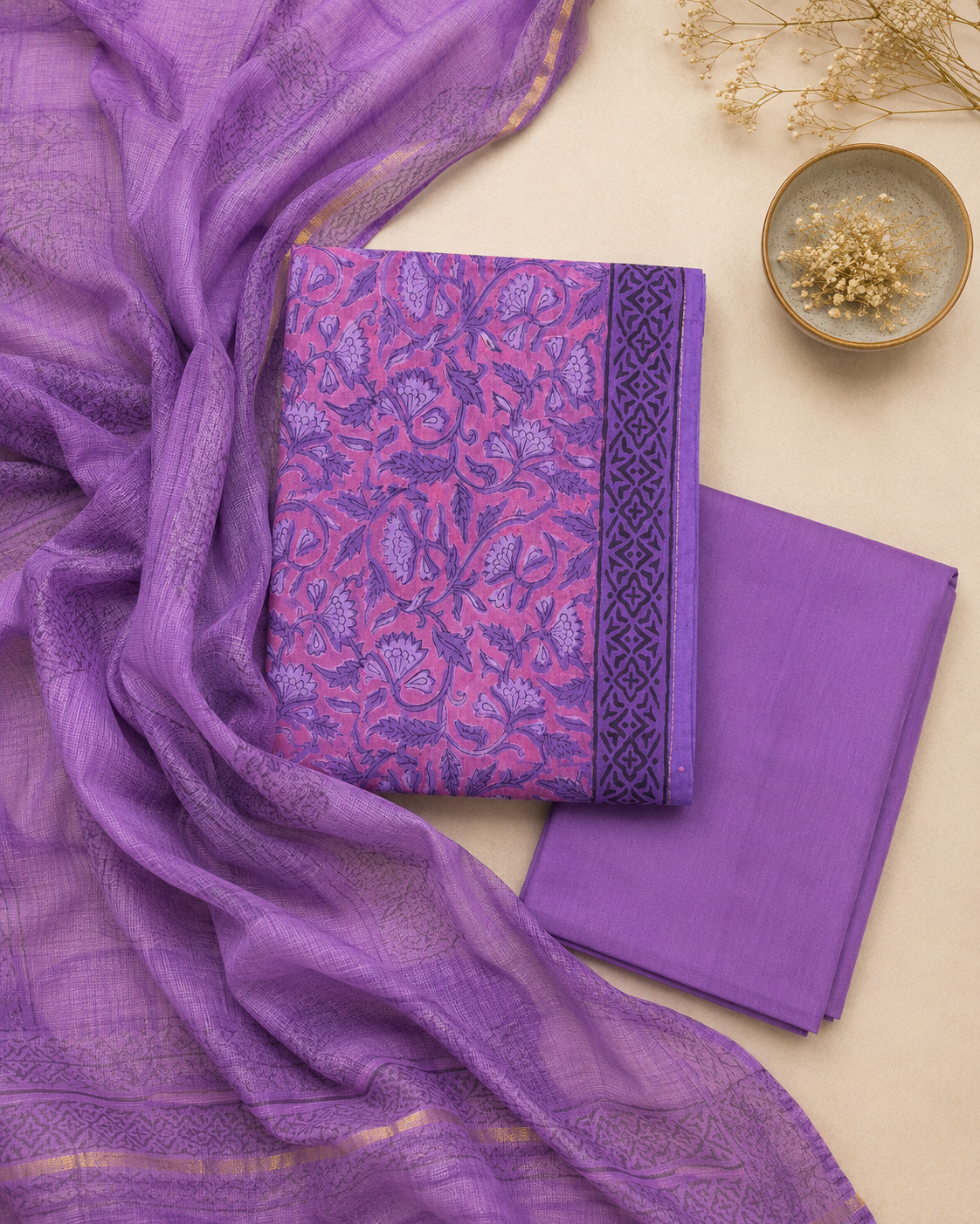 Lavender Vanaspati Ajrakh Cotton Suit Set