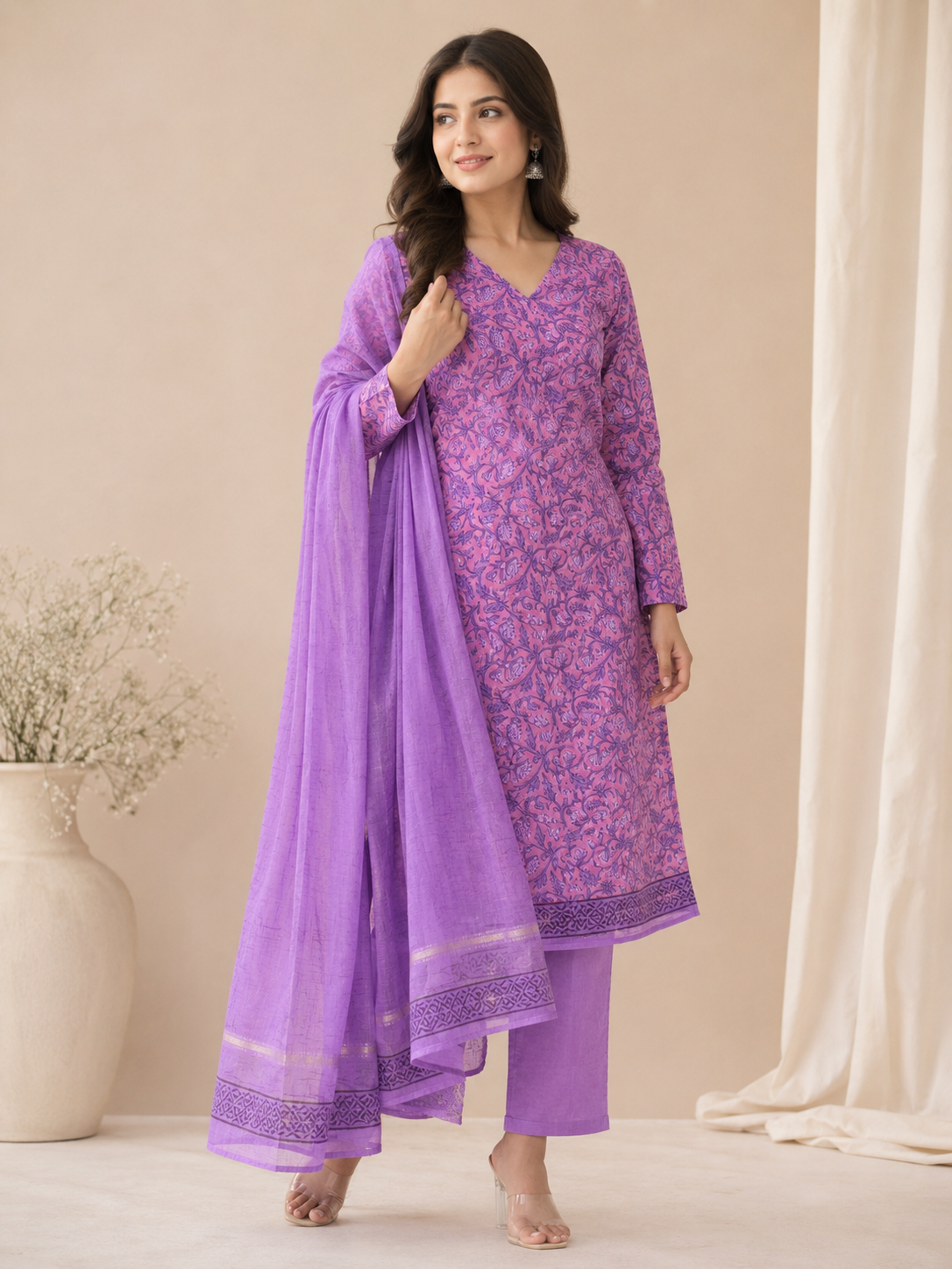 Lavender Vanaspati Ajrakh Cotton Suit Set - Image 2