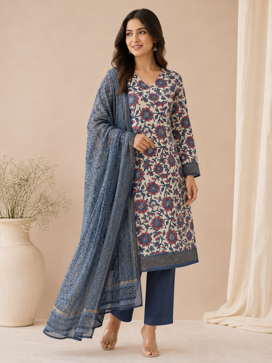 Navy Blue Floral Printed Vanaspati Ajrakh Suit Set - Image 2